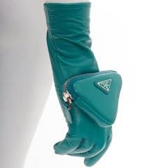 PRADA Raf Simons 2021 Runway turquoise lambskin leather pouch short gloves
