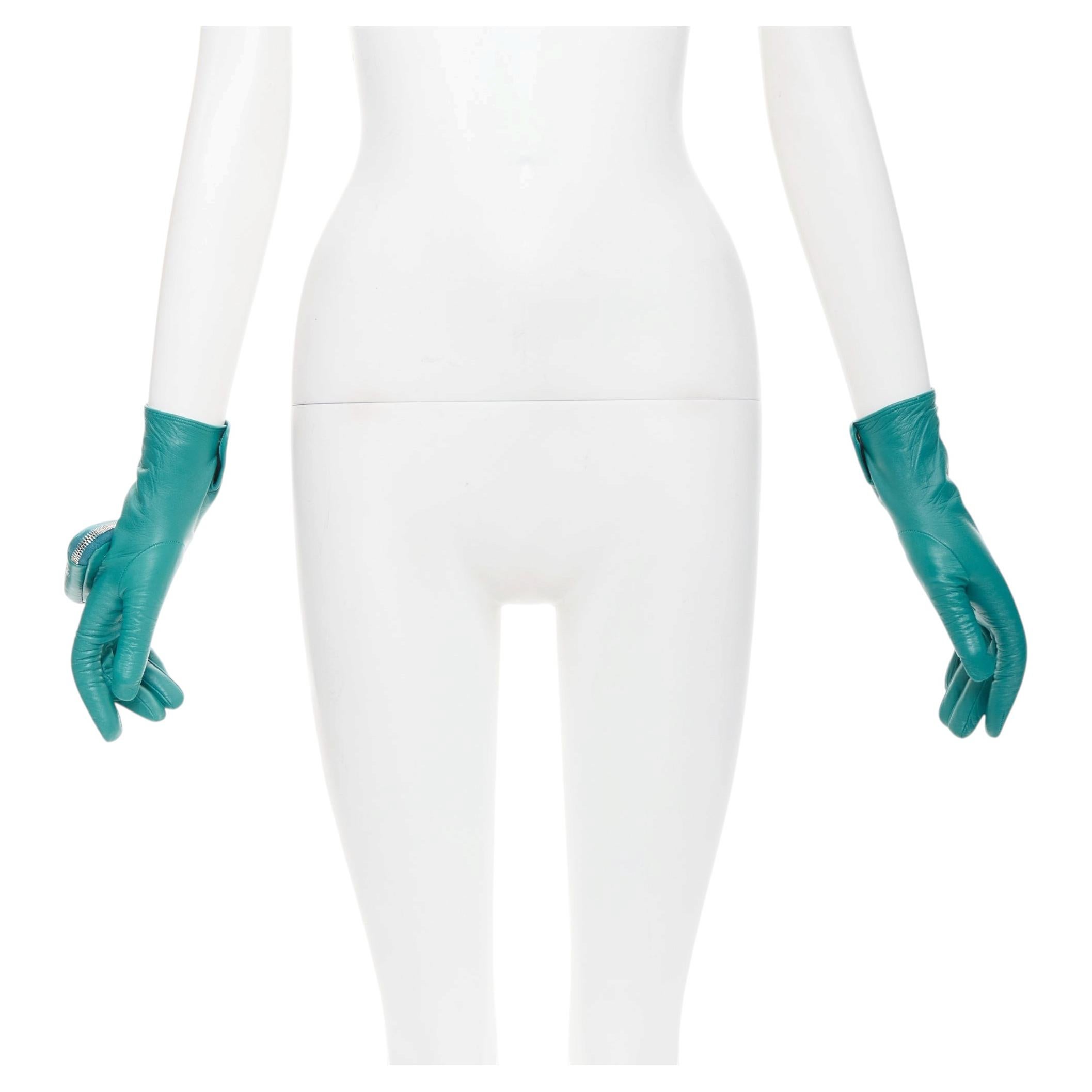 PRADA Raf Simons 2021 Runway turquoise lambskin leather pouch short gloves