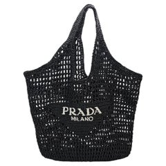 Used Prada Raffia Embroidered Logo Shopping Bag Black