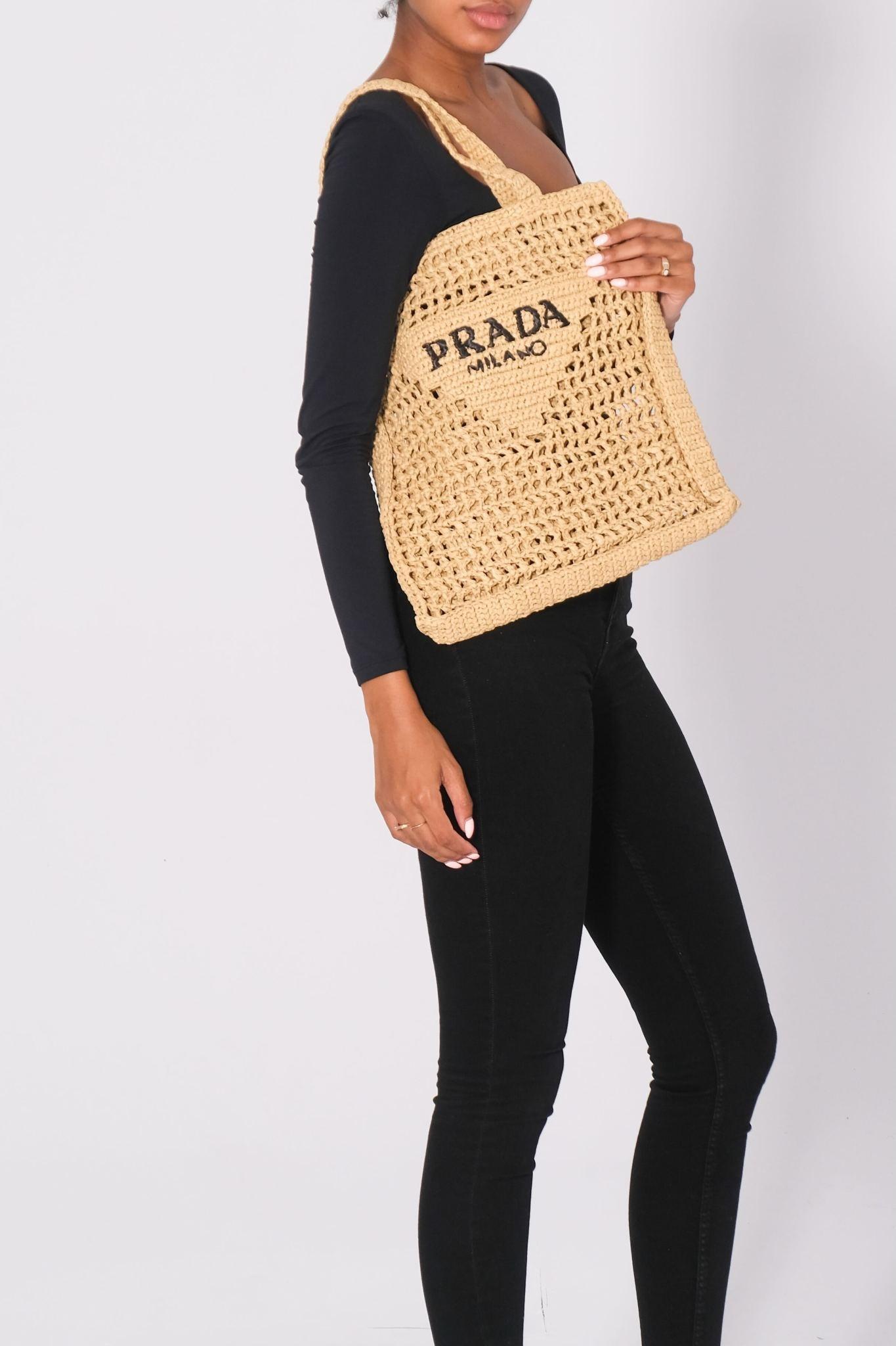 Beige Prada Raffia Embroidered Logo Tote Bag Naturale