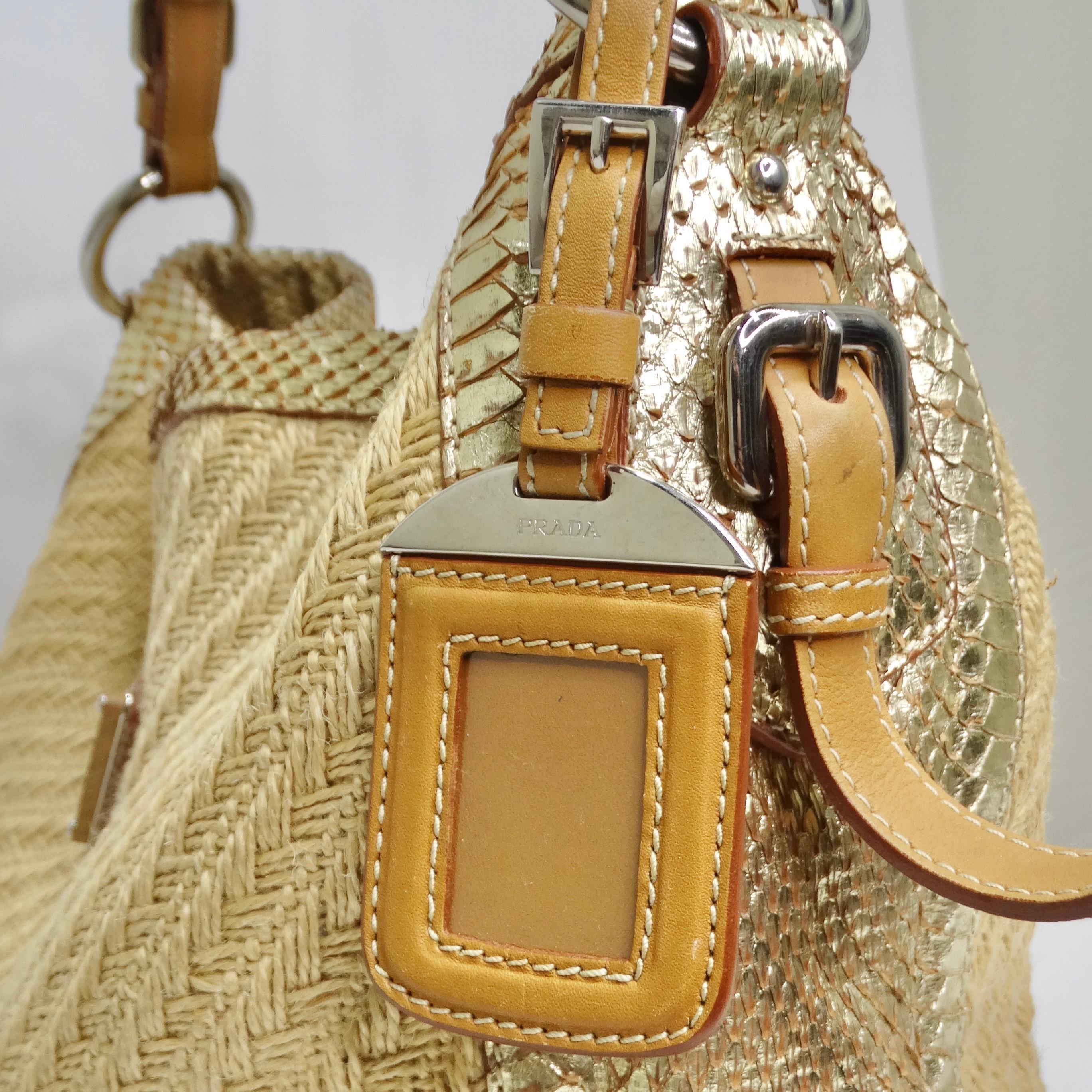 Brown Prada Raffia Woven Jute & Gold Python-Trimmed Shoulder Bag For Sale