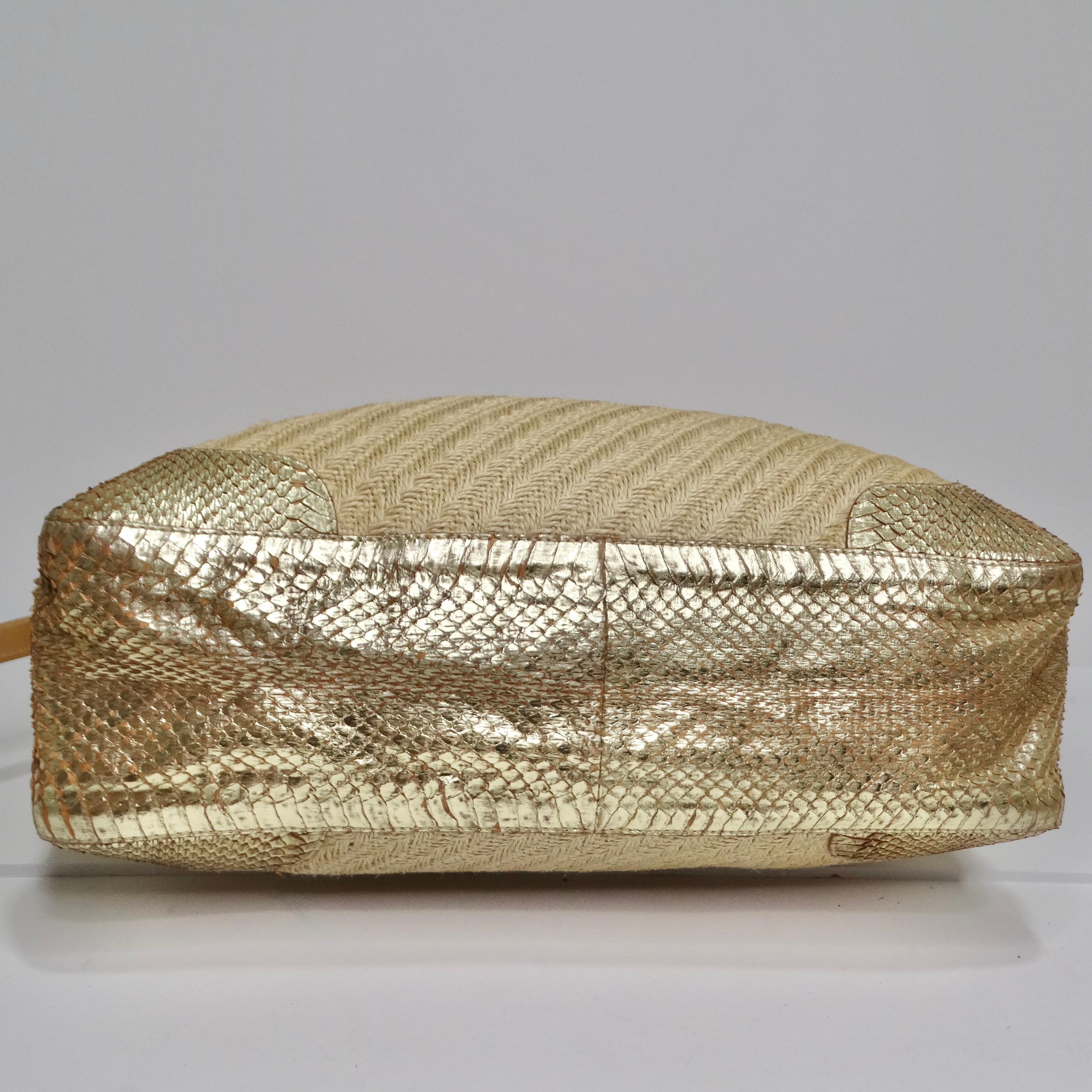 Prada Raffia Woven Jute & Gold Python-Trimmed Shoulder Bag In Excellent Condition For Sale In Scottsdale, AZ