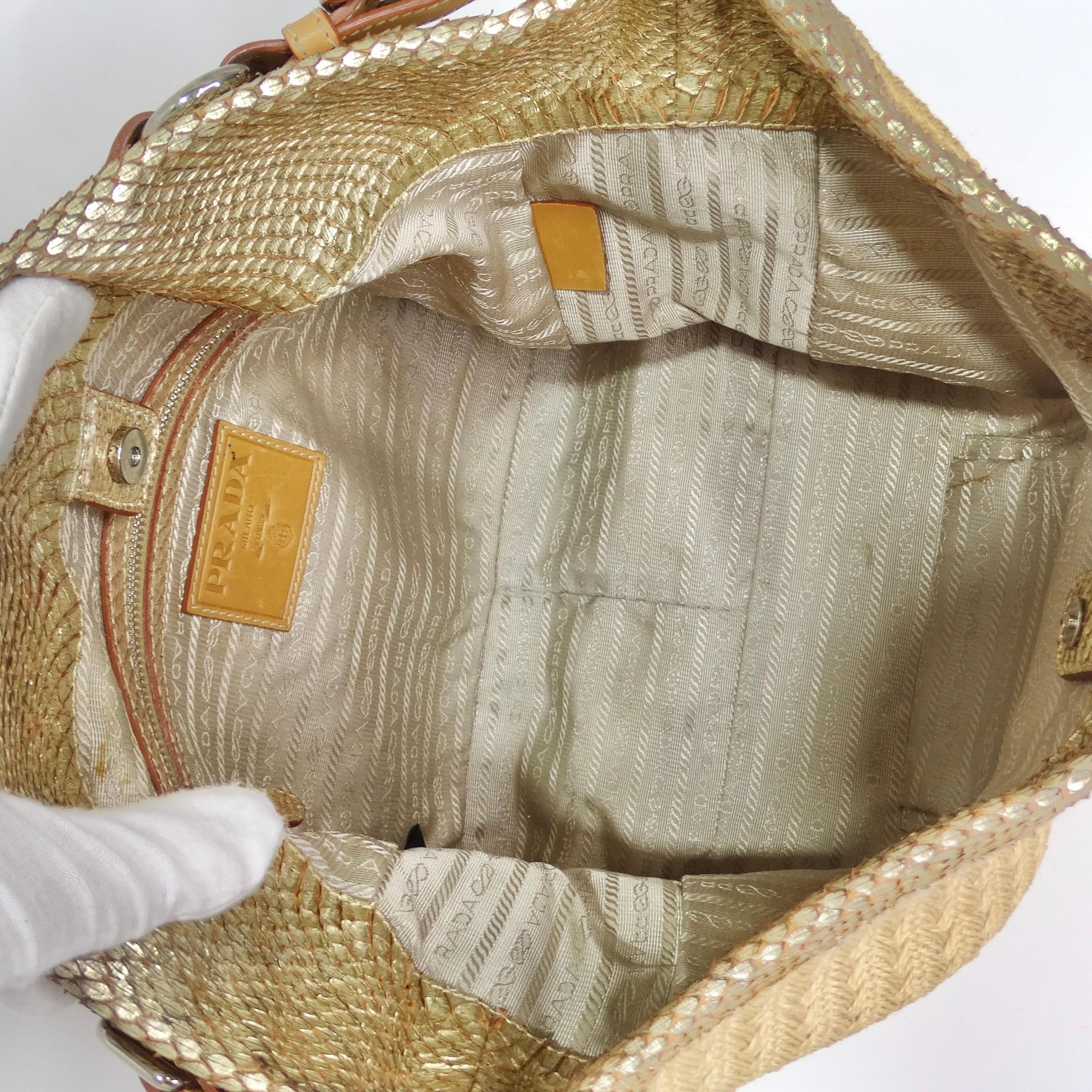 Women's or Men's Prada Raffia Woven Jute & Gold Python-Trimmed Shoulder Bag For Sale