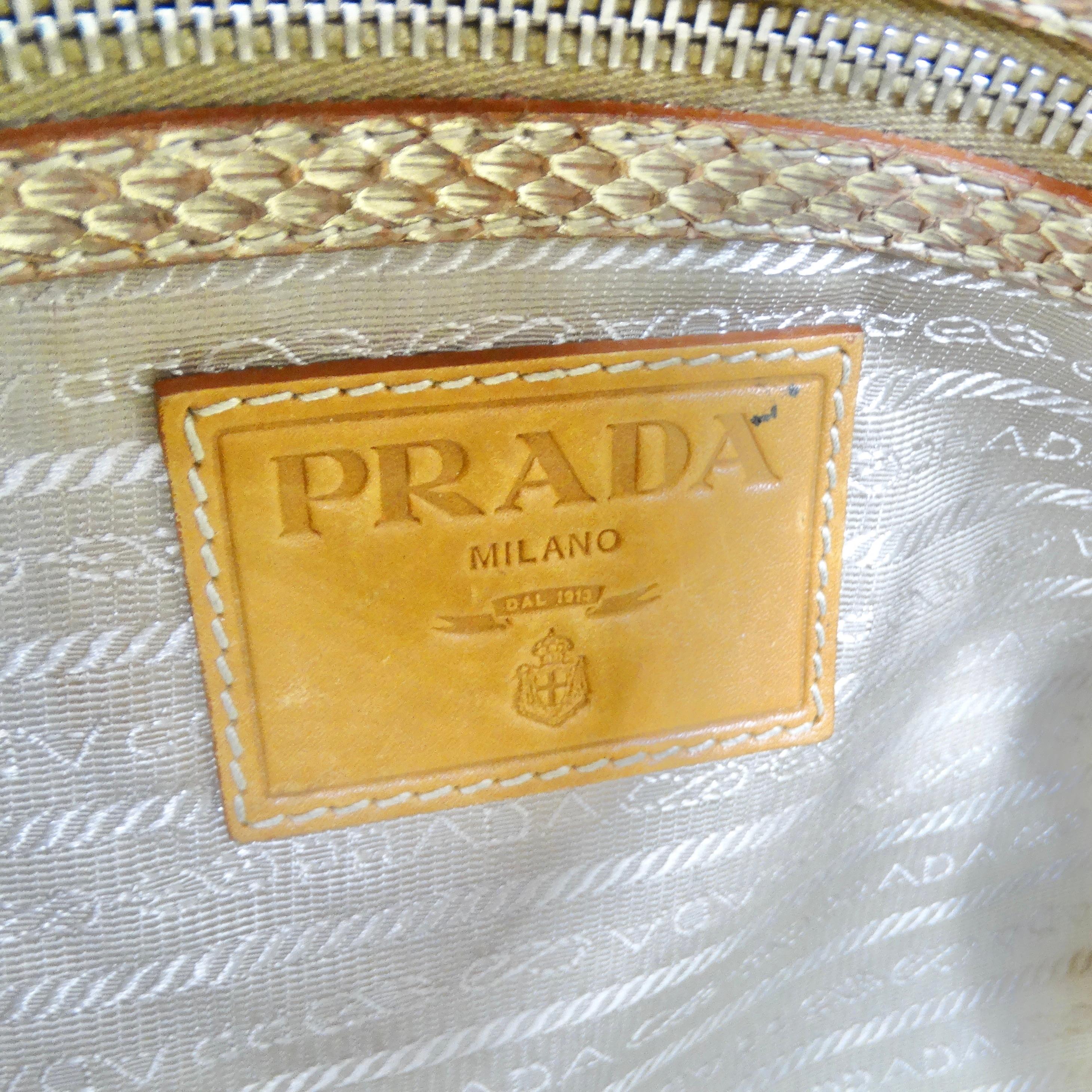 Prada Raffia Woven Jute & Gold Python-Trimmed Shoulder Bag For Sale 1