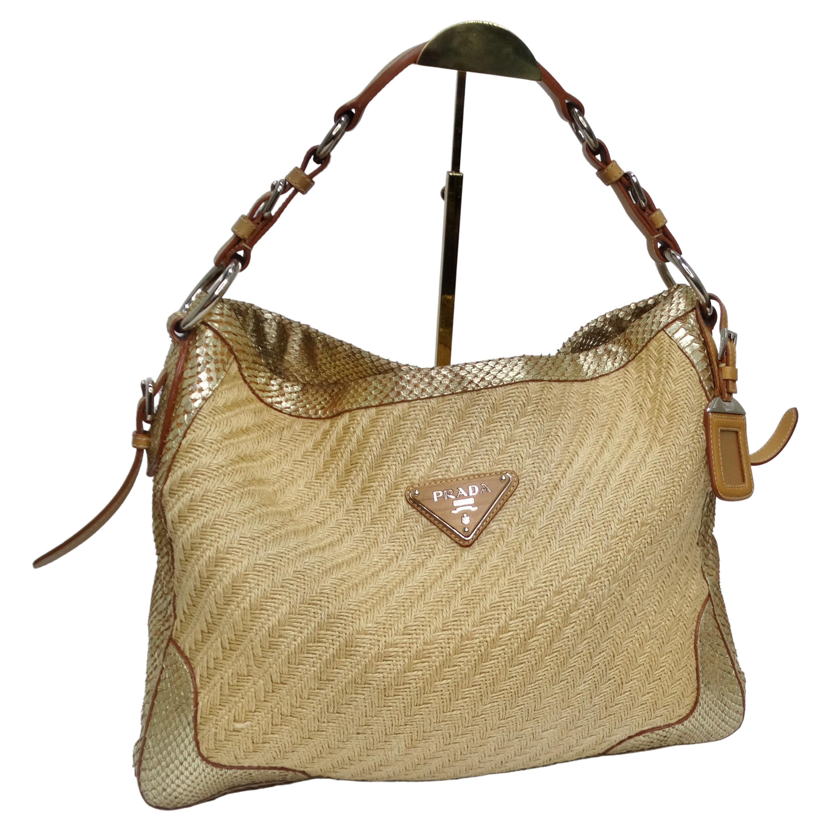 Prada Raffia Woven Jute & Gold Python-Trimmed Shoulder Bag For Sale