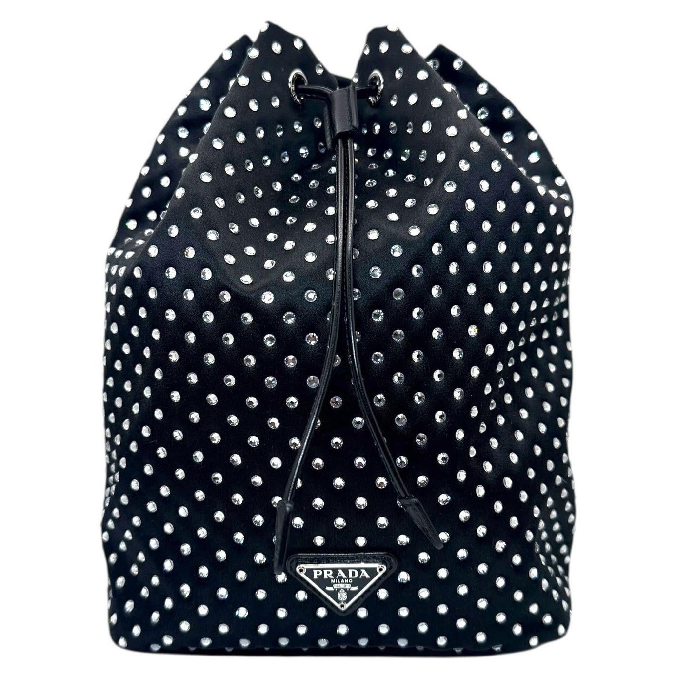Prada Raso Black Crystal Satin Drawstring Pouch Bucket Bag, Italy c. 2020 For Sale