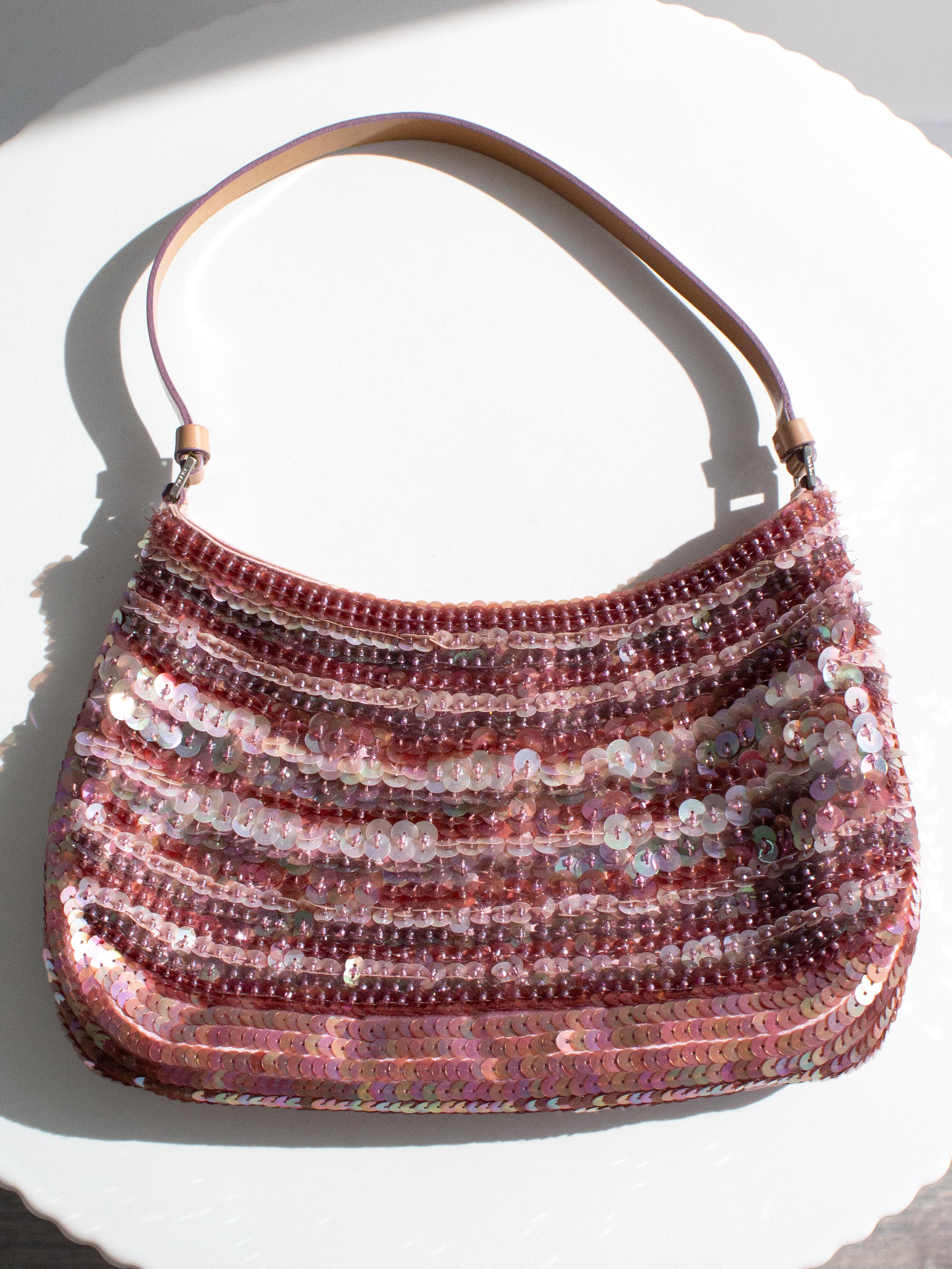 Prada Raso Vintage Sequin Embellished Petals Mauve Pink Shoulder Bag In Good Condition For Sale In Jersey City, NJ