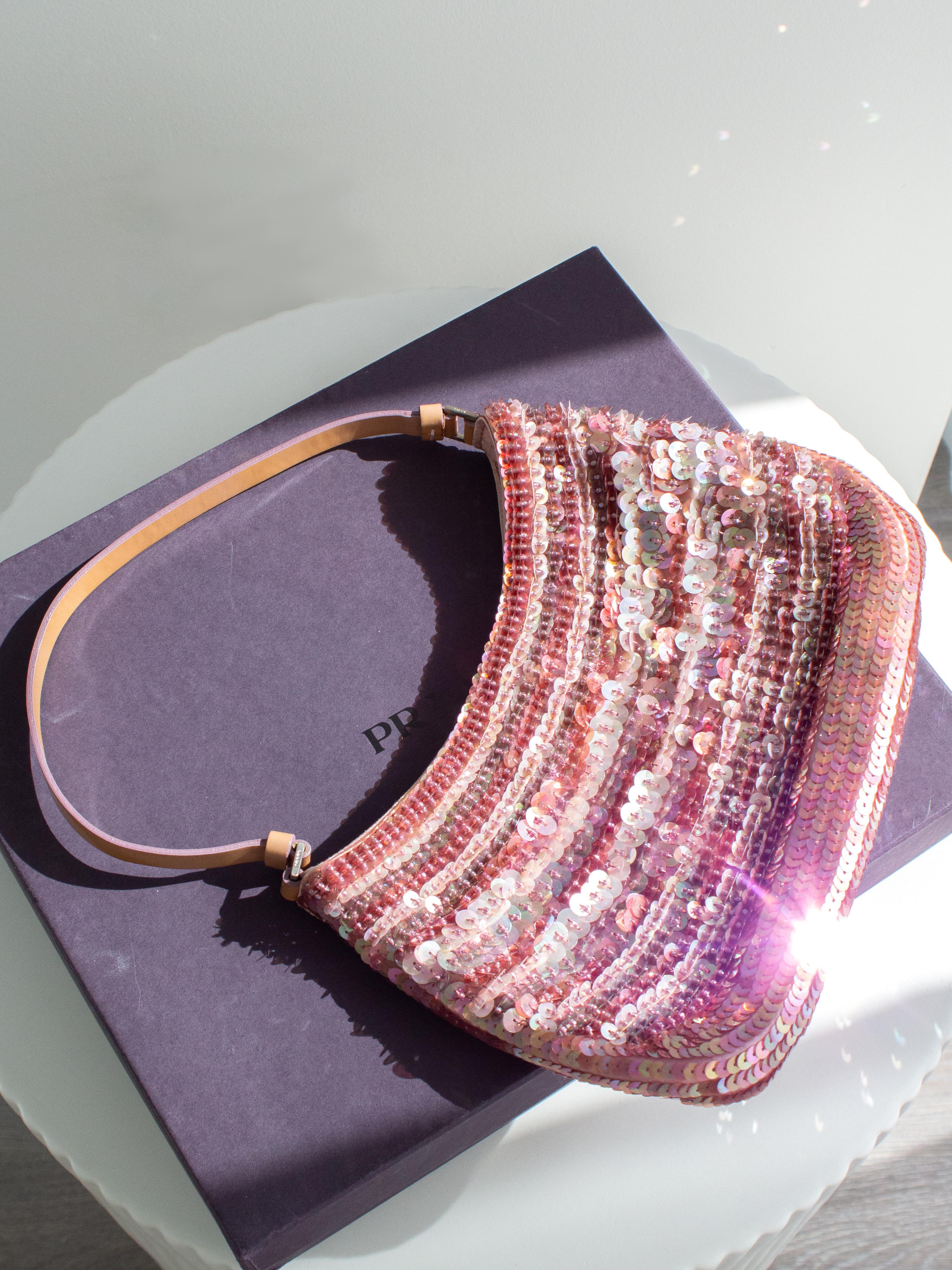 Prada Raso Vintage Sequin Embellished Petals Mauve Pink Shoulder Bag For Sale 2