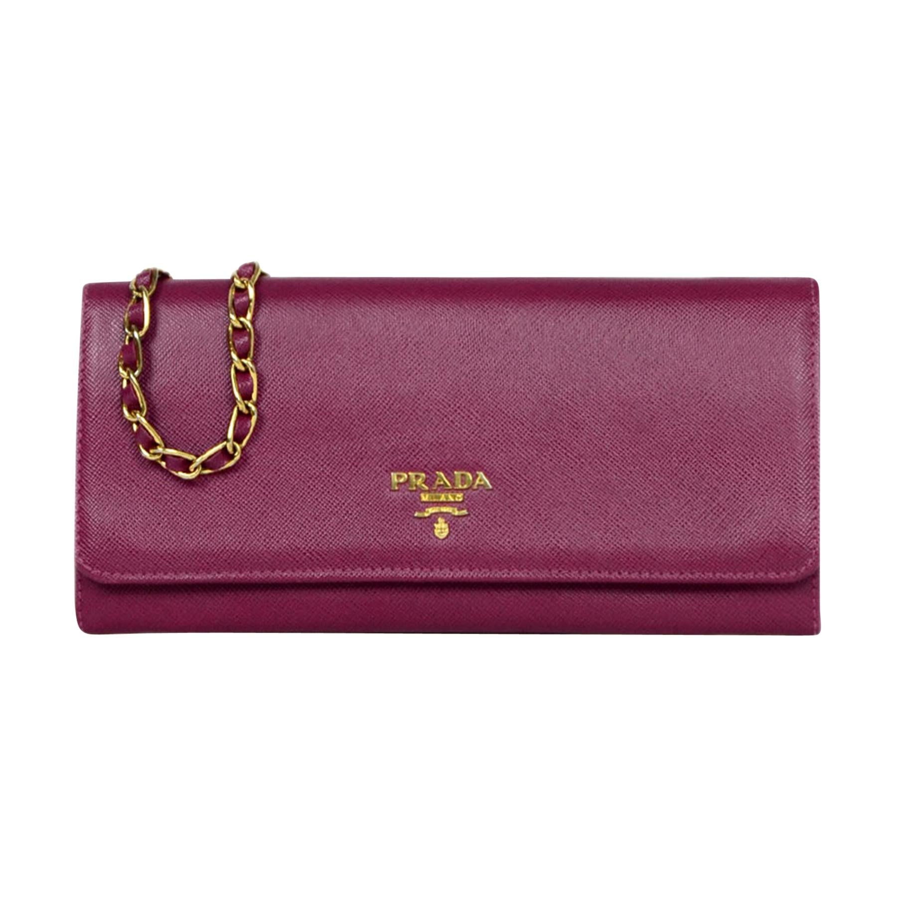 Prada Raspberry Saffiano Metal Oro Chain Wallet Crossbody Bag rt $875