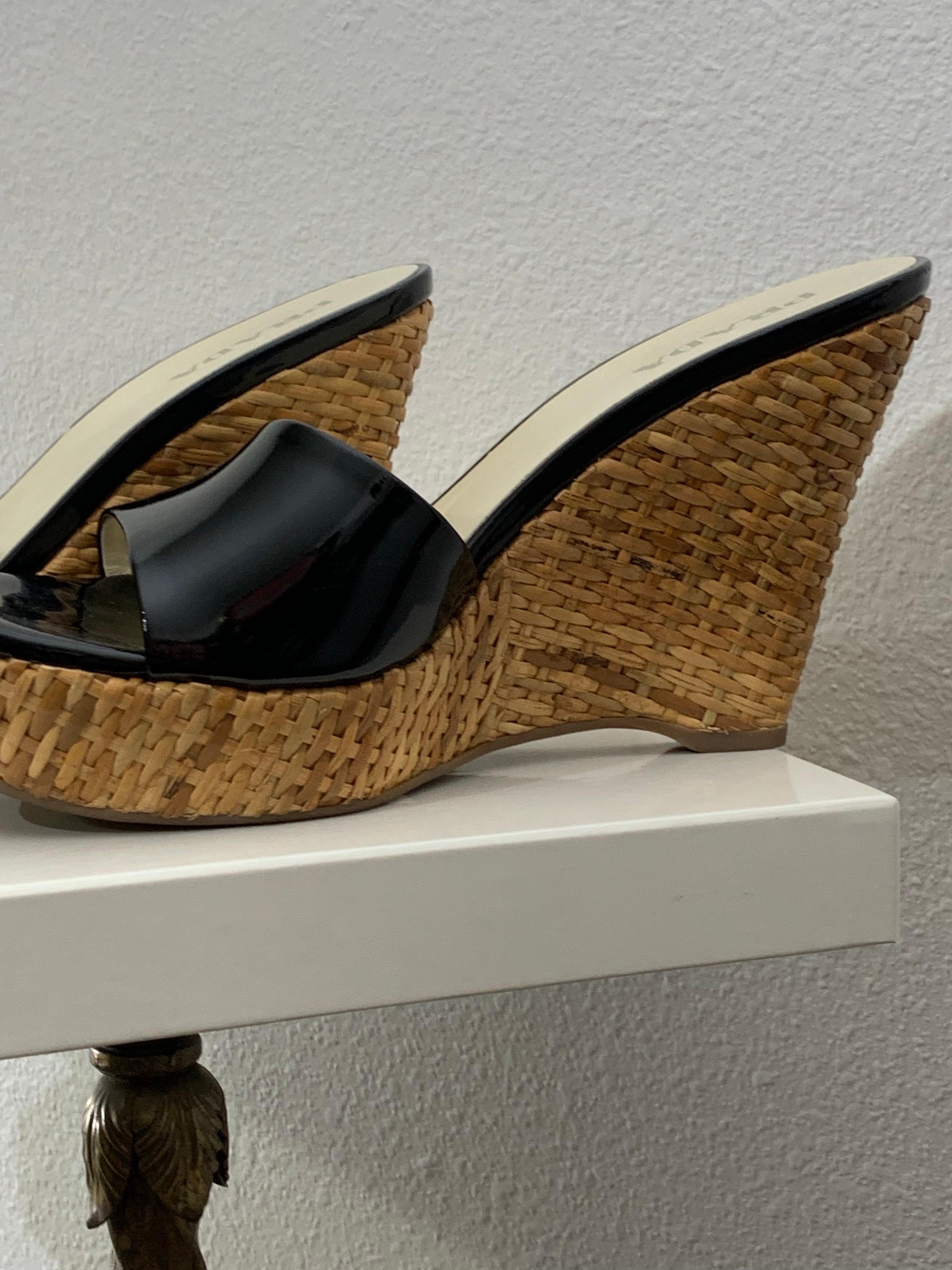 Prada Rattan Wedge Heel Mule with Black Patent Leather - Worn Once For Sale 5