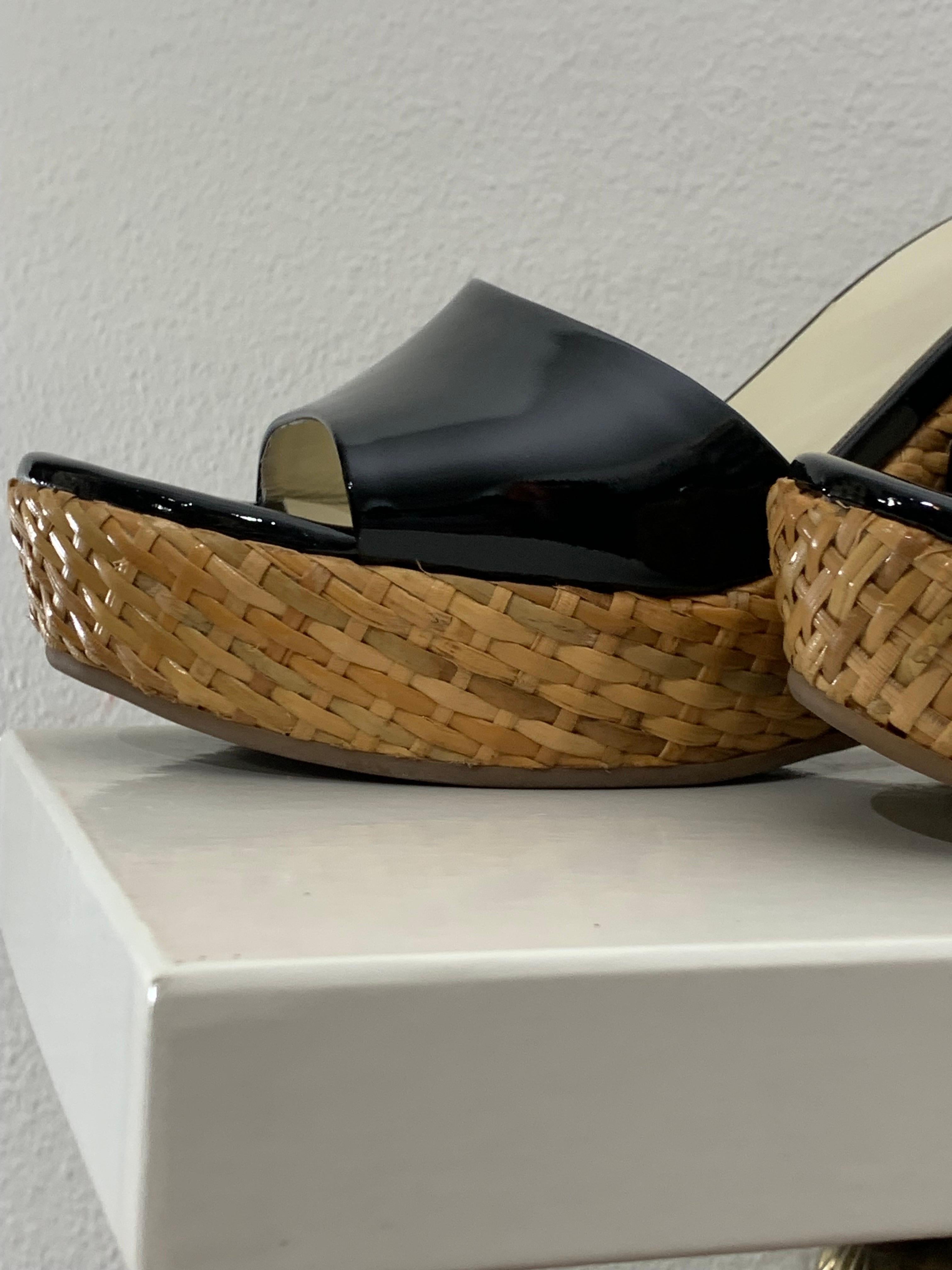 Prada Rattan Wedge Heel Mule with Black Patent Leather - Worn Once For Sale 6