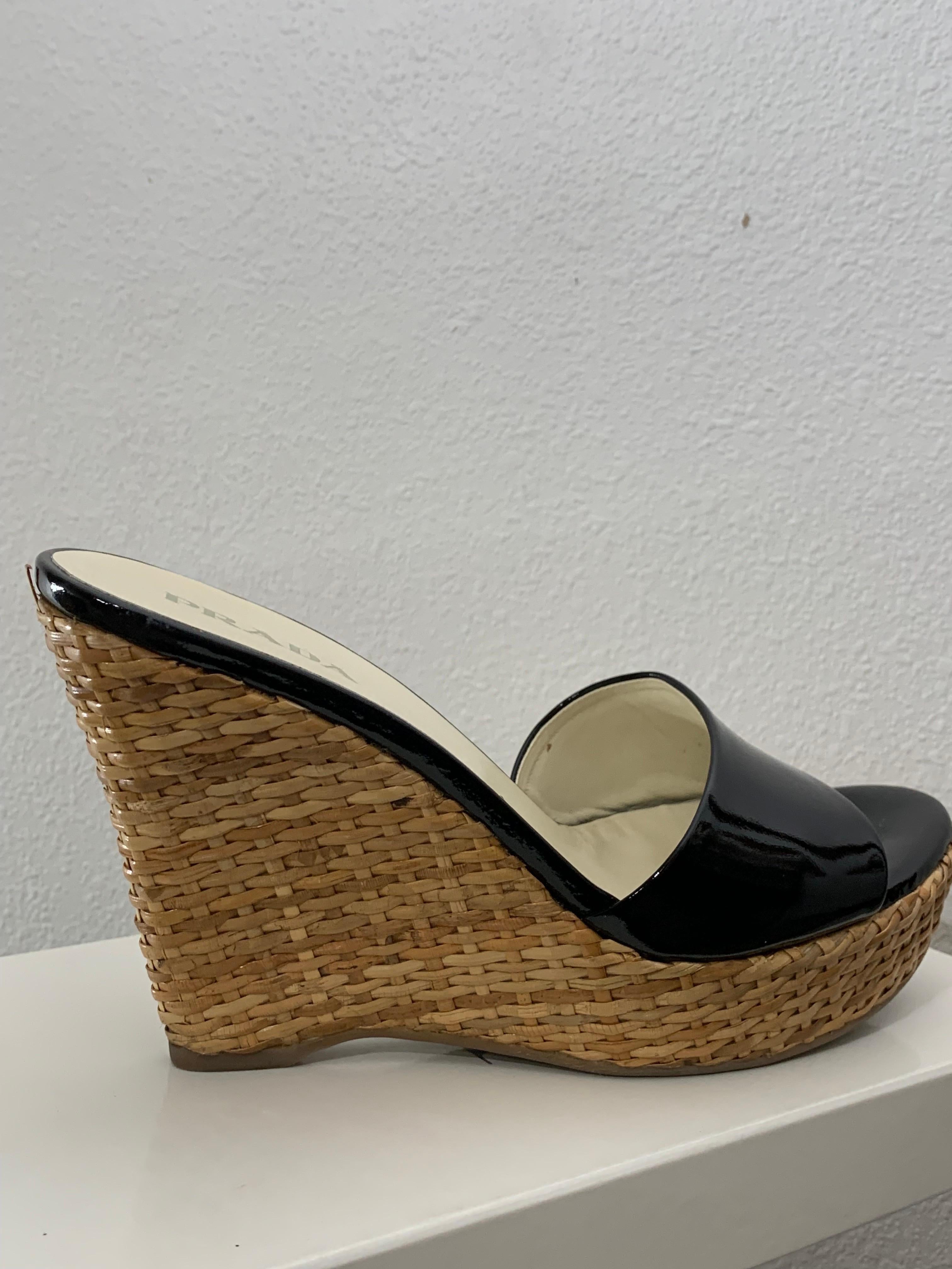 Prada Rattan Wedge Heel Mule with Black Patent Leather - Worn Once In Excellent Condition For Sale In Gresham, OR