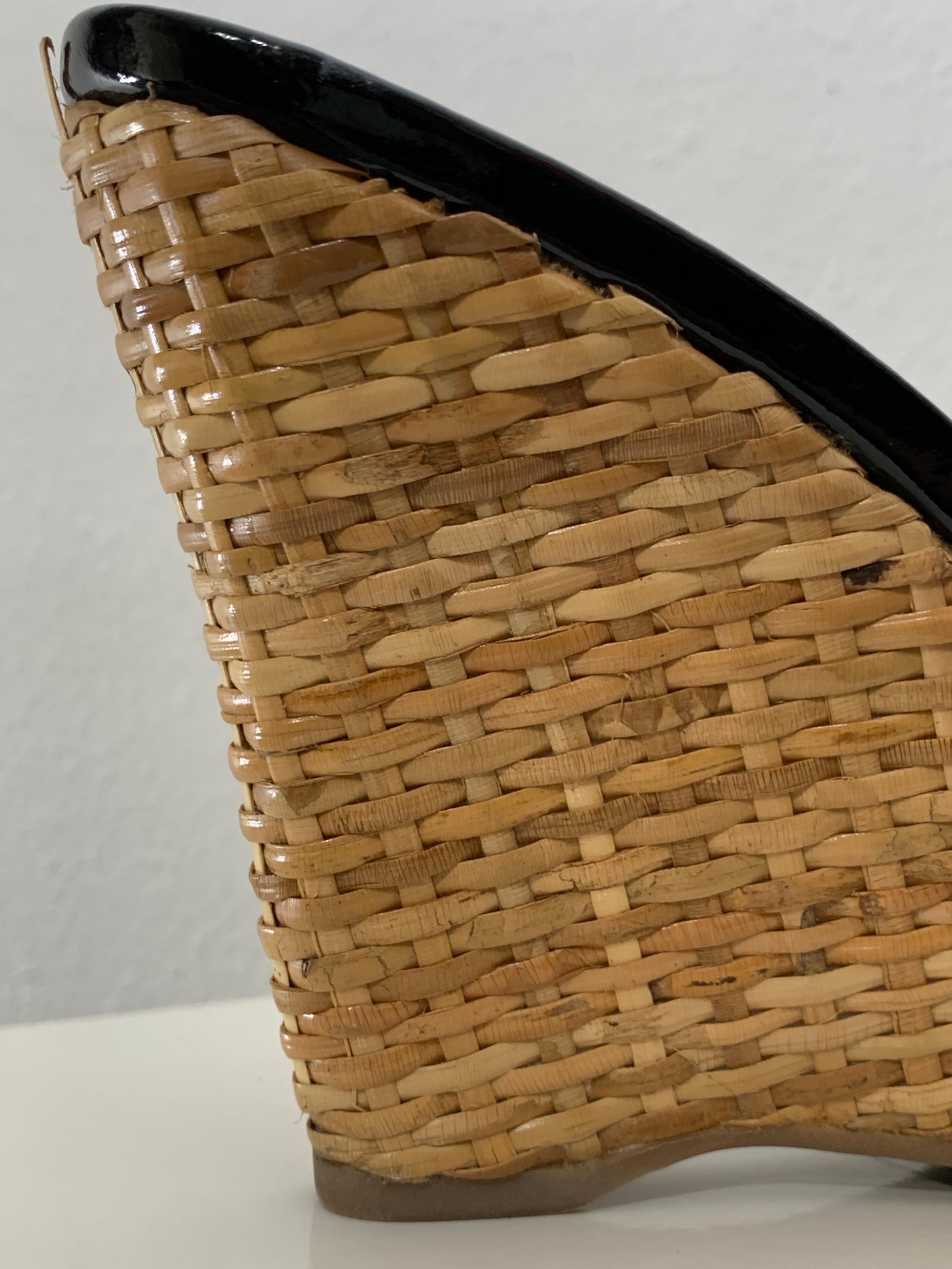 Women's Prada Rattan Wedge Heel Mule with Black Patent Leather - Worn Once For Sale
