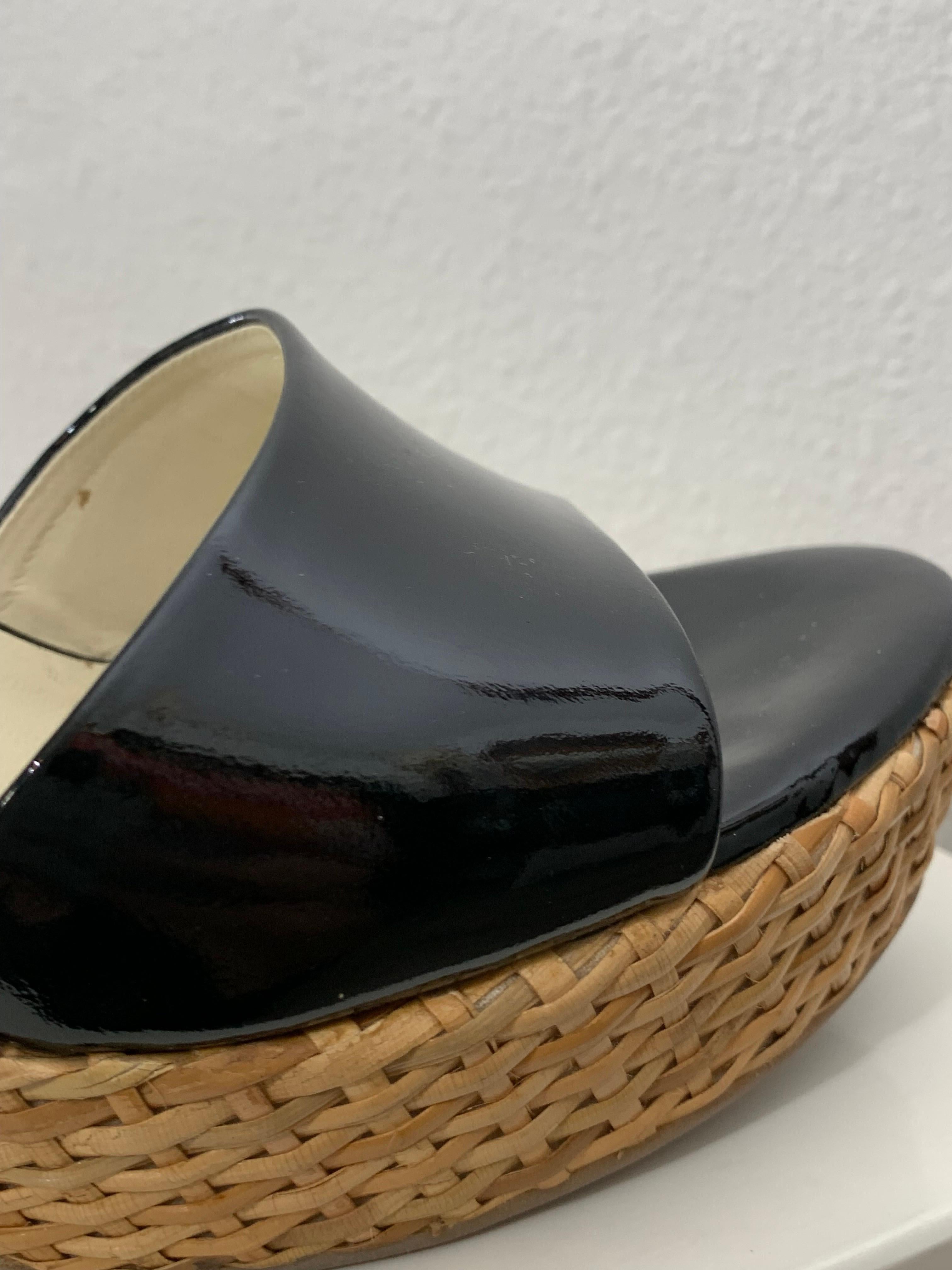 Prada Rattan Wedge Heel Mule with Black Patent Leather - Worn Once For Sale 1