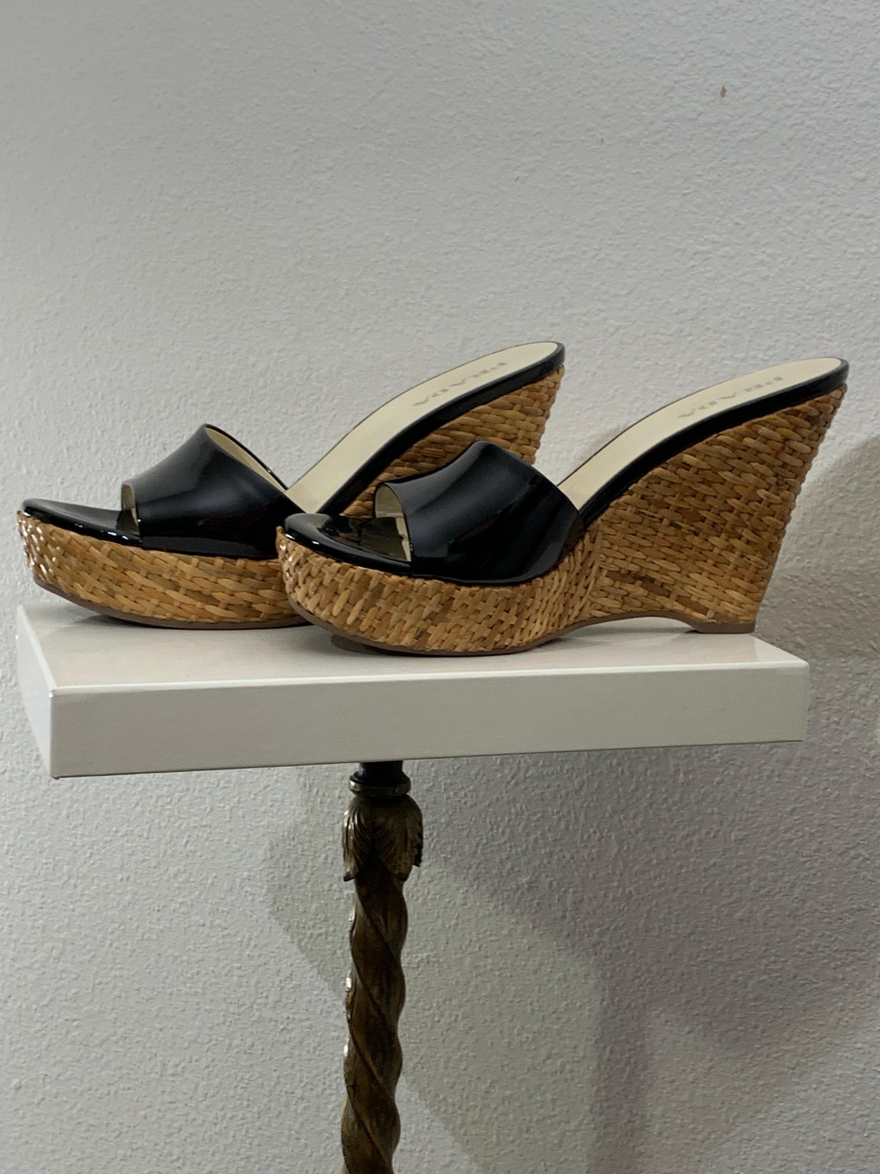 Prada Rattan Wedge Heel Mule with Black Patent Leather - Worn Once For Sale 4
