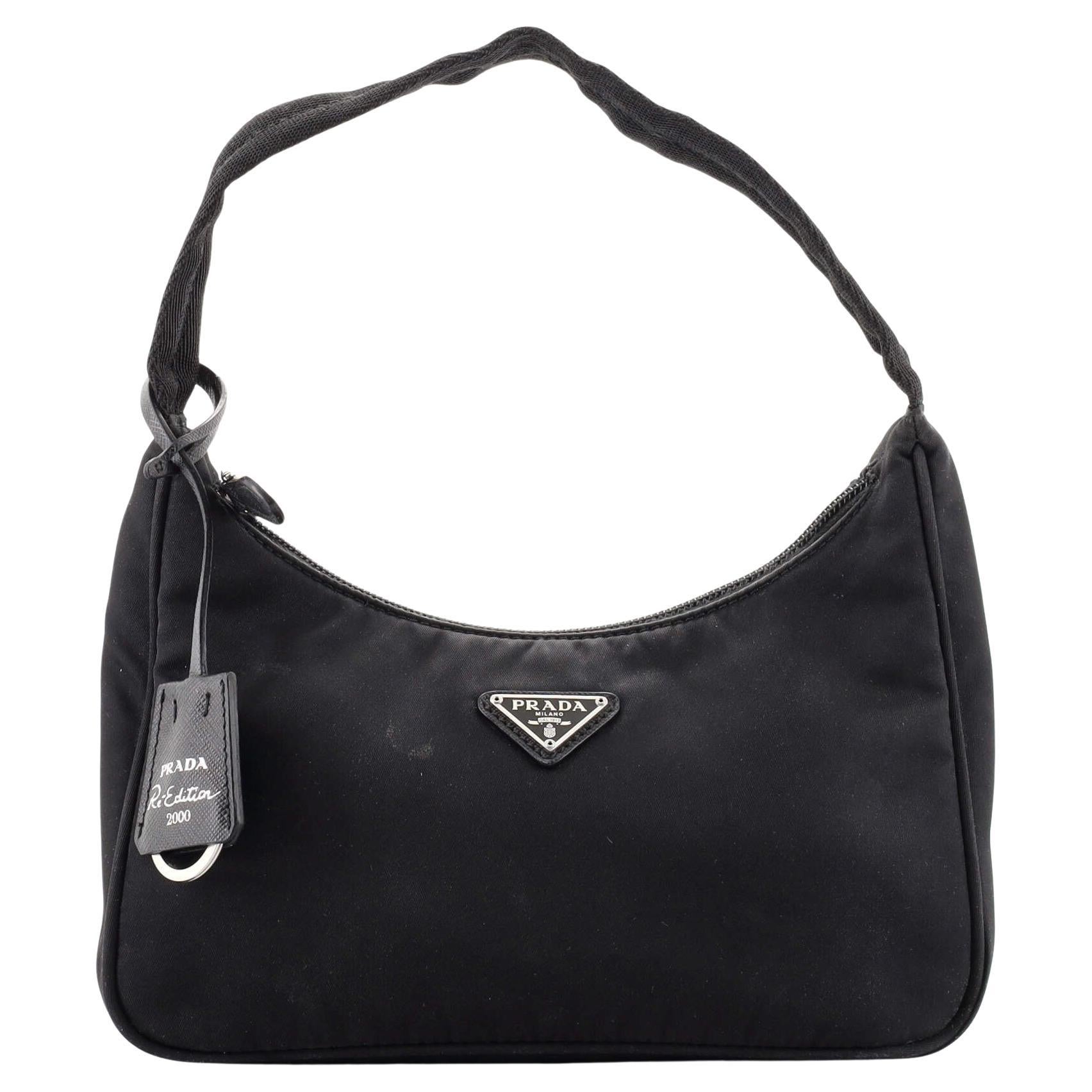 Prada Re-Edition 2000 Black Satin Silver Crystal Nylon Shoulder Small Hobo  Bag