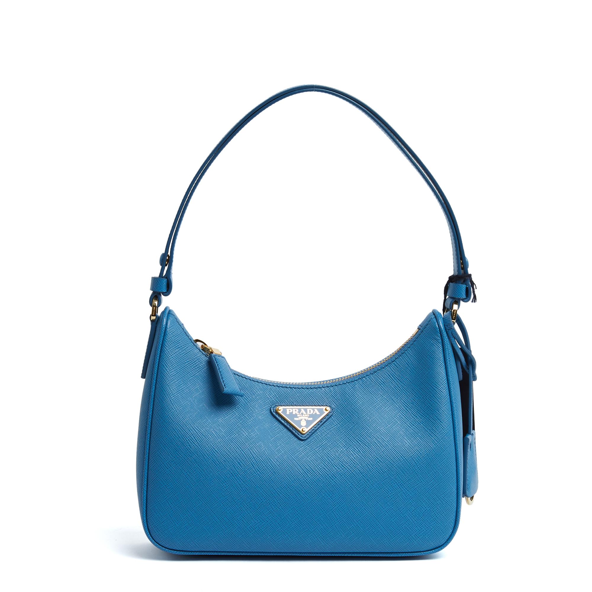 Ensemble Prada 2024 composé d'un sac, Mini Sac Re-edition modèle 2000 en cuir safiano bleu 