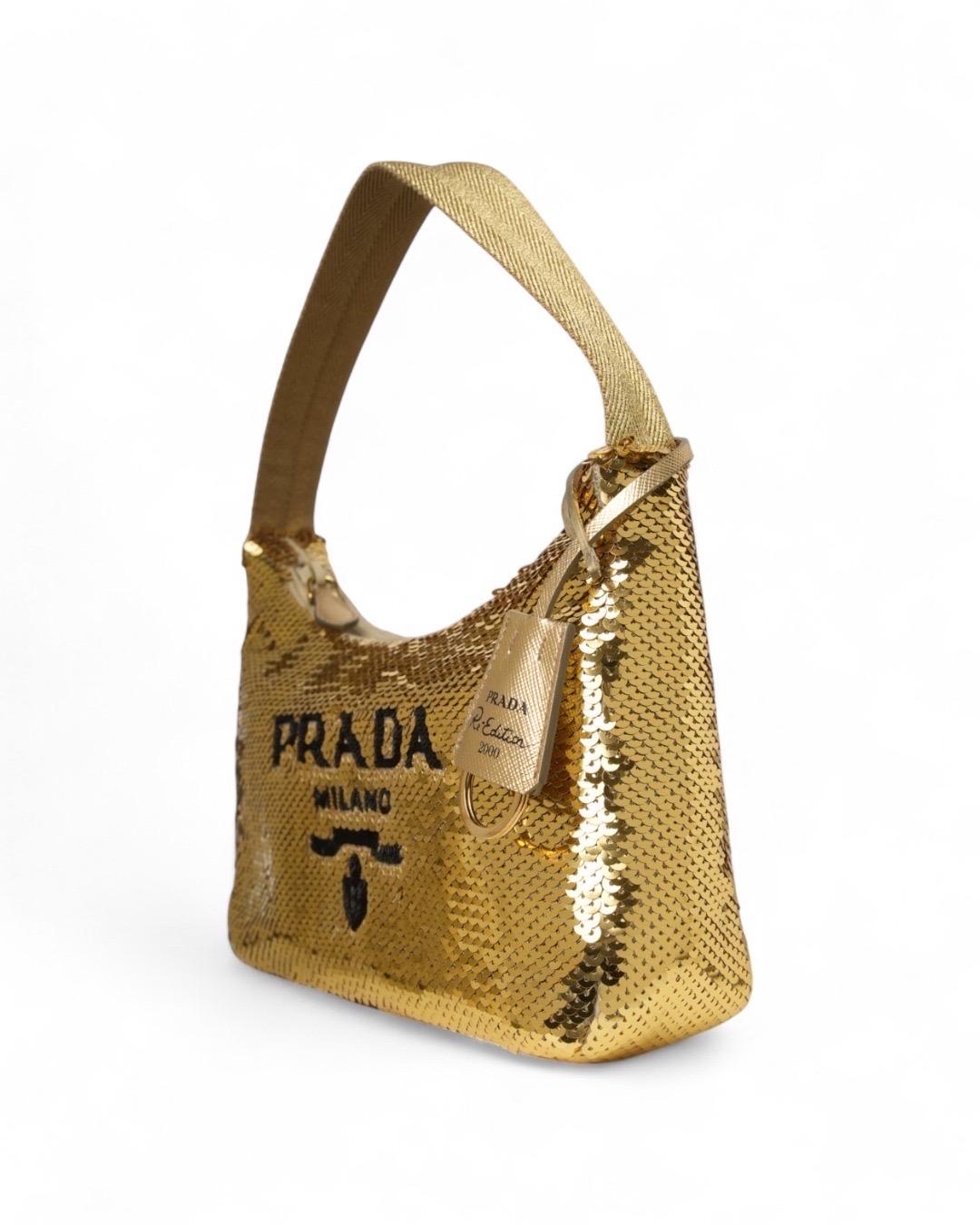 Marron Prada Re-Edition 2000 Paillettes Logo Oro en vente