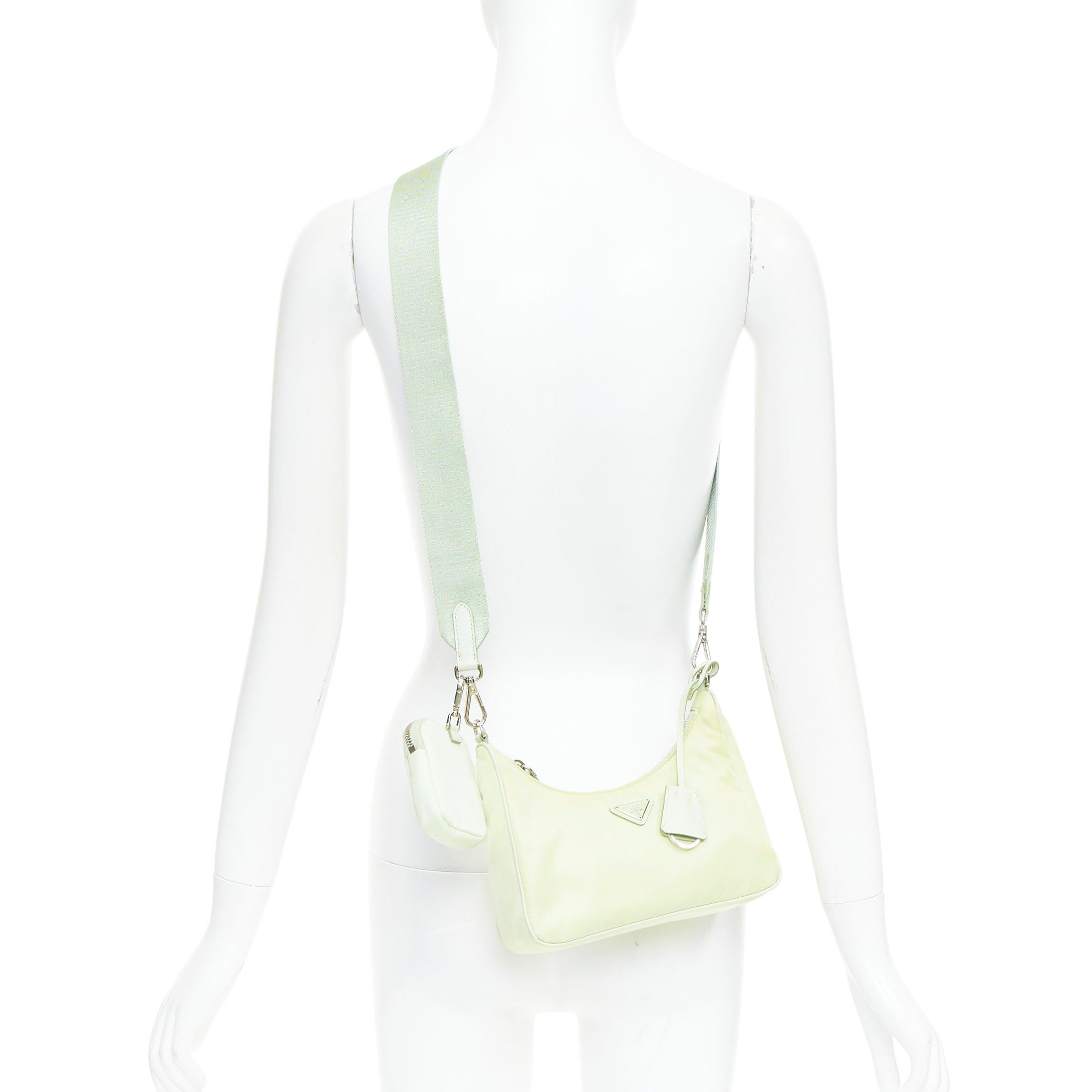 PRADA Re-edition 2005 Re-nylon Trio mint green nylon crossbody bag
Reference: JACG/A00237
Brand: Prada
Designer: Miuccia Prada
Collection: Re-edition 2005 Re-nylon 3in1
Material: Nylon
Color: Green, Silver
Pattern: Solid
Closure: Zip
Lining: Green