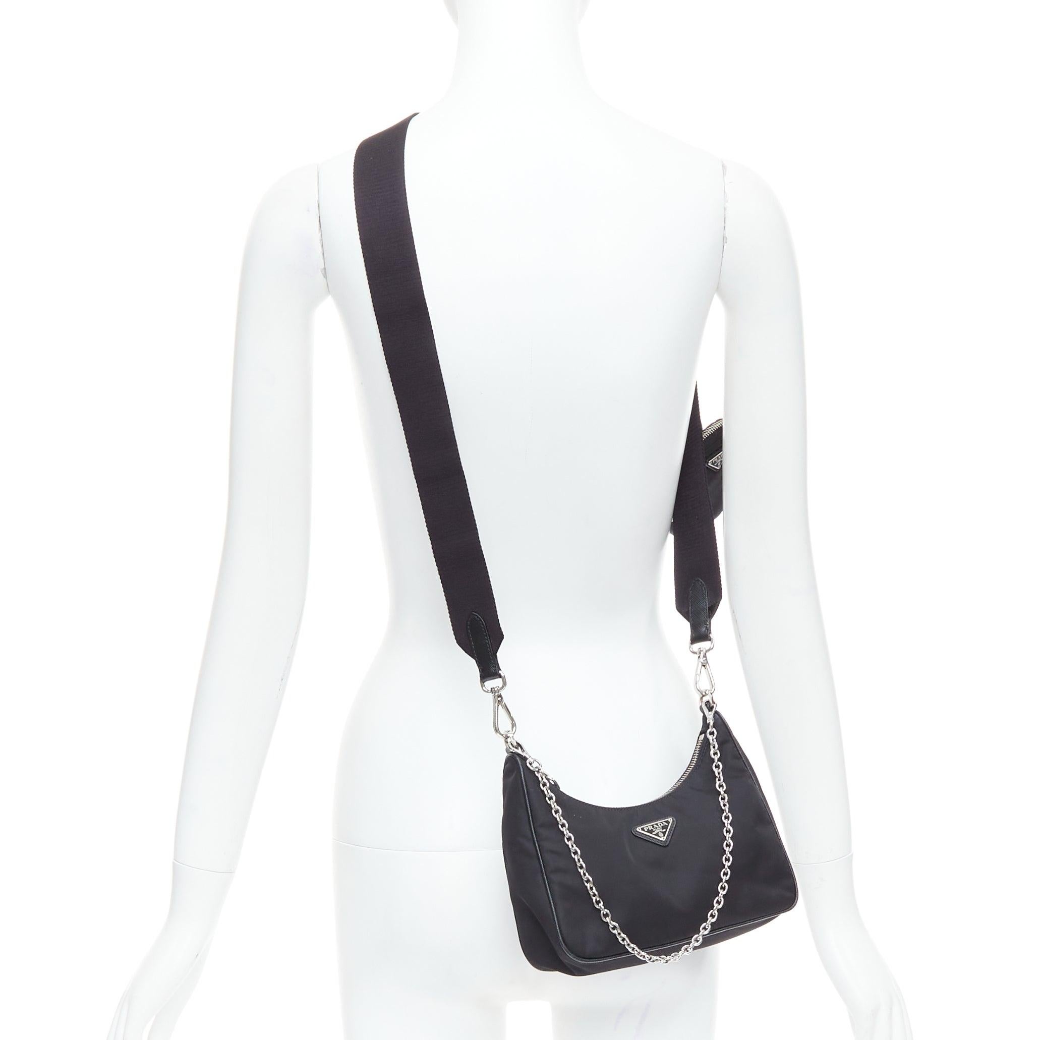 PRADA Re-Edition 30 Re-Nylon 3 in 1 black nylon logo crossbody hobo bag
Reference: CELE/A00036
Brand: Prada
Designer: Miuccia Prada
Model: Re-Edition 2005 Re-Nylon
Material: Nylon
Color: Black, Silver
Pattern: Solid
Closure: Zip
Lining: Black