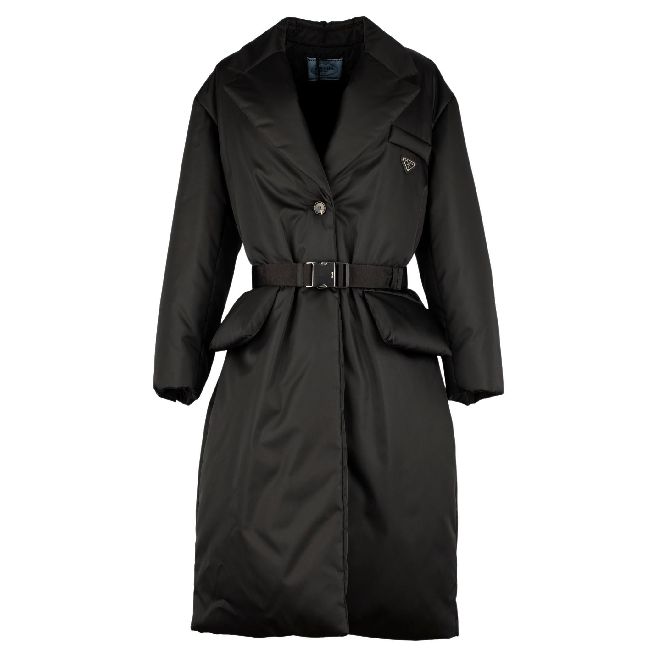 Prada Re-Nylon Black Quilted Coat With Belt 40 IT