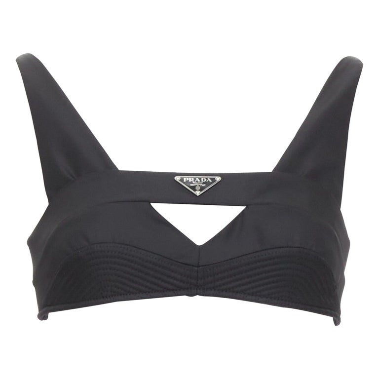 PRADA Re-Nylon black triangle logo cut out contour seam crop top