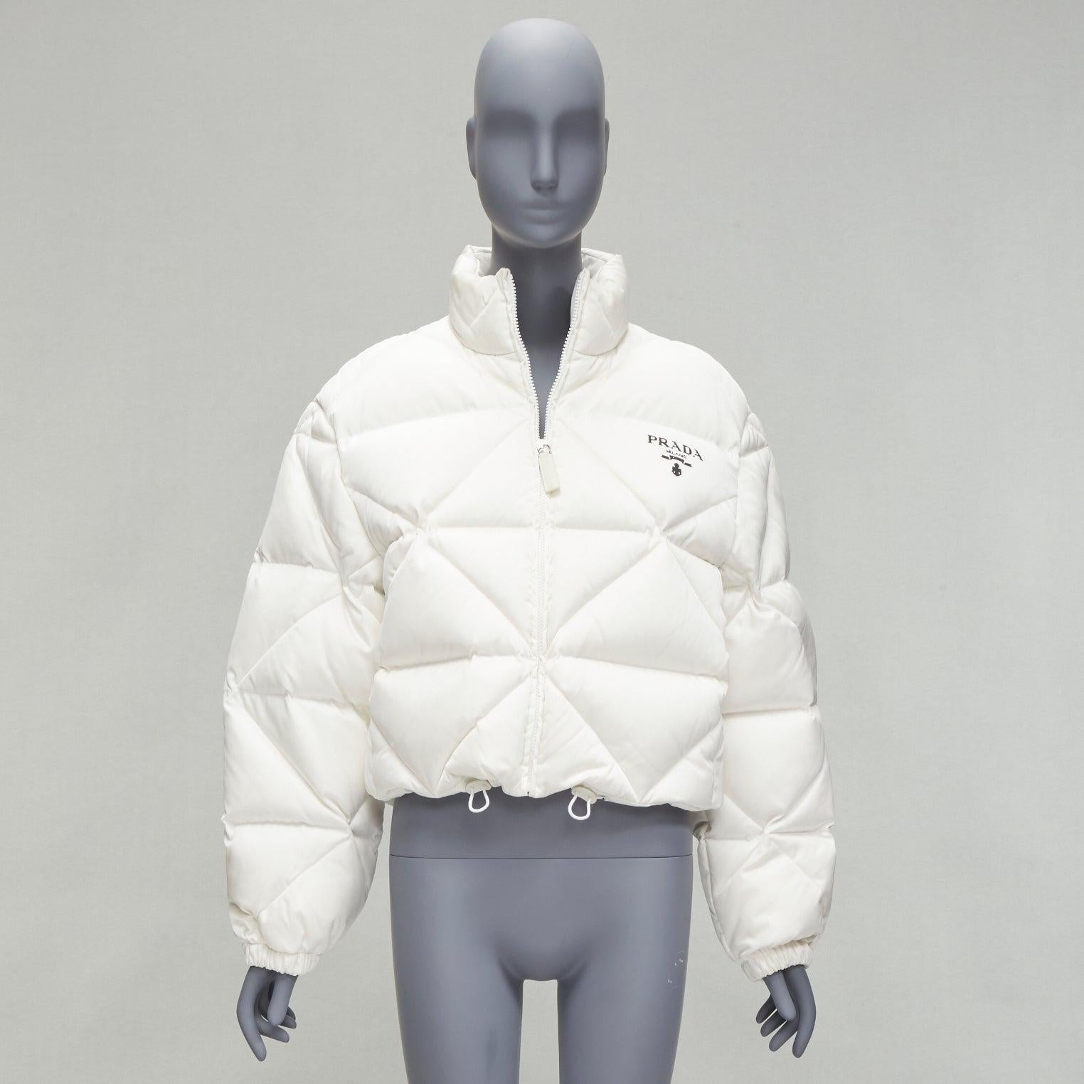 PRADA RE-NYLON cream goose down feather triangle quilted puffer jacket IT38  3