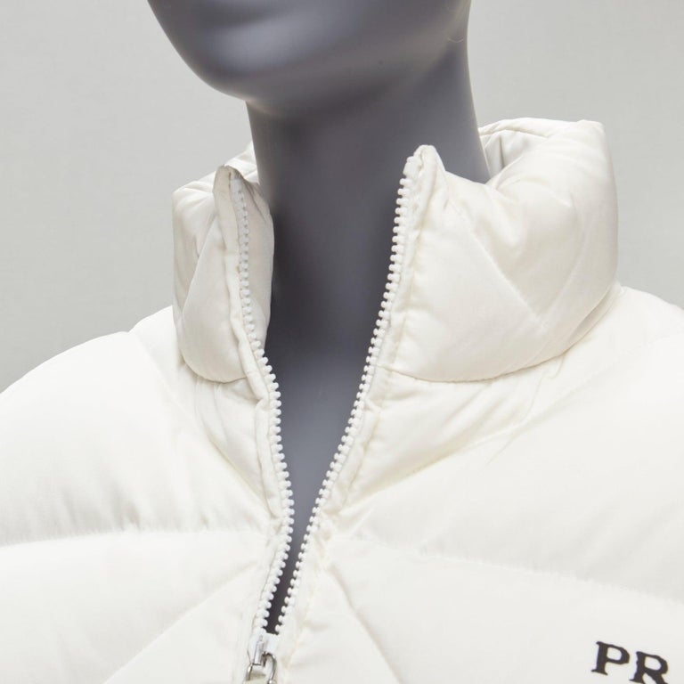 PRADA RE-NYLON cream goose down feather triangle quilted puffer jacket IT38  For Sale at 1stDibs