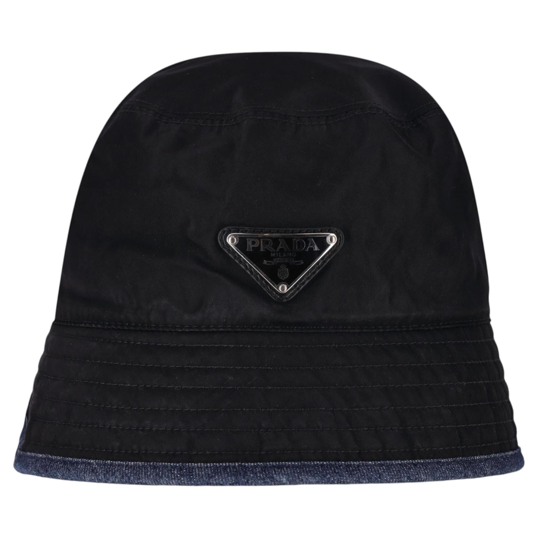 Prada Re-Nylon & Denim Reversible Bucket Hat With Enameled Triangle Logo For Sale