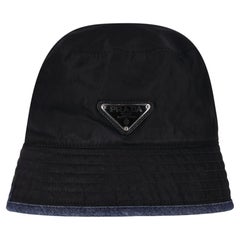 Prada Re-Nylon & Denim Reversible Bucket Hat With Enameled Triangle Logo