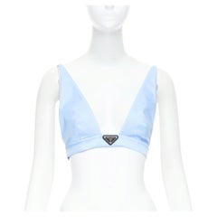 PRADA Re-Nylon light blue triangle logo plunge crop top bustier bralette IT38 XS