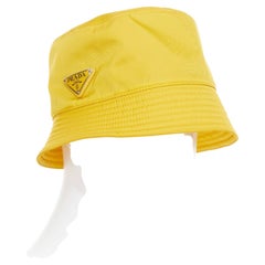 PRADA Re-Nylon mustard yellow silver logo plague topstitched bucket hat M