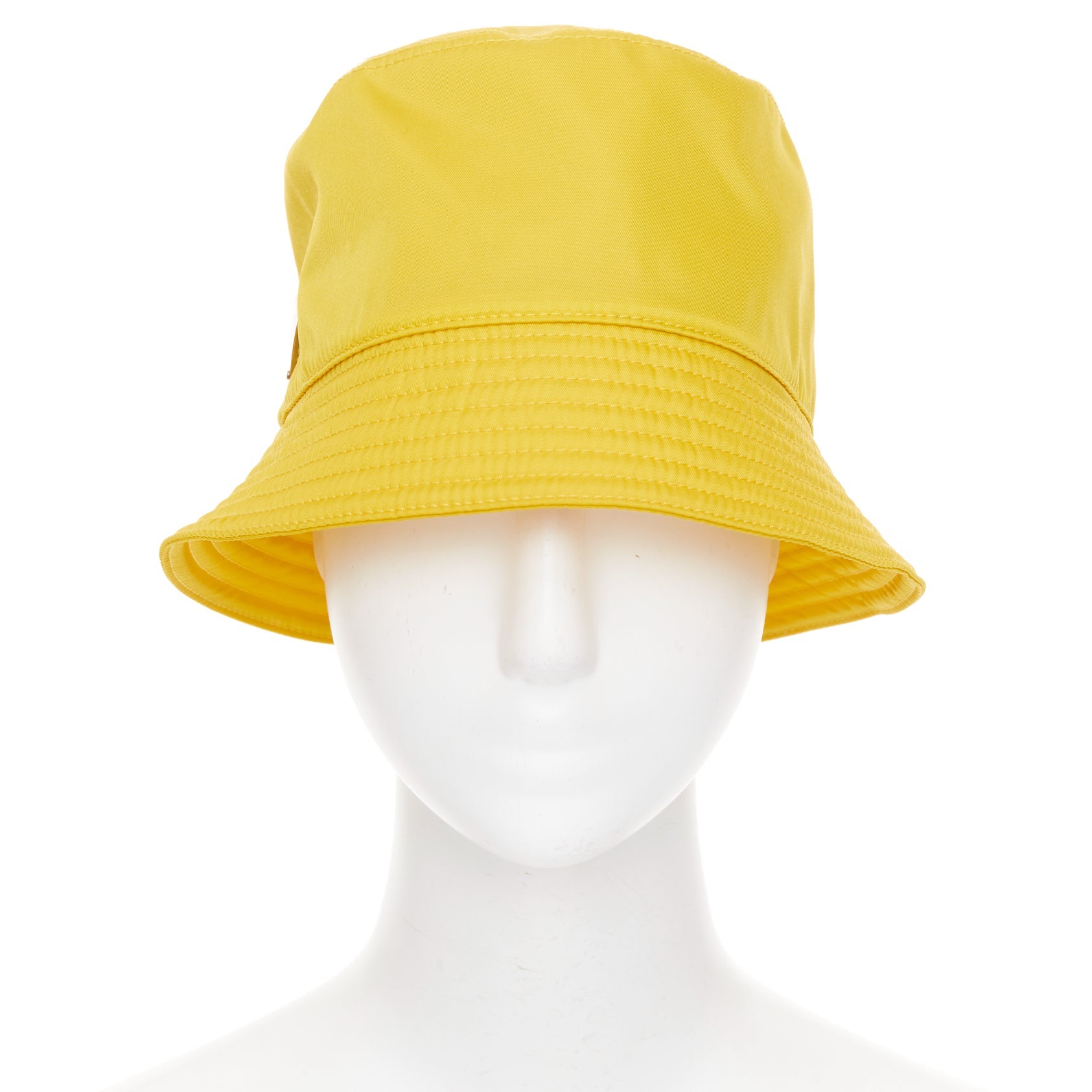 PRADA Re-Nylon mustard yellow silver logo plague topstitched bucket hat M For Sale