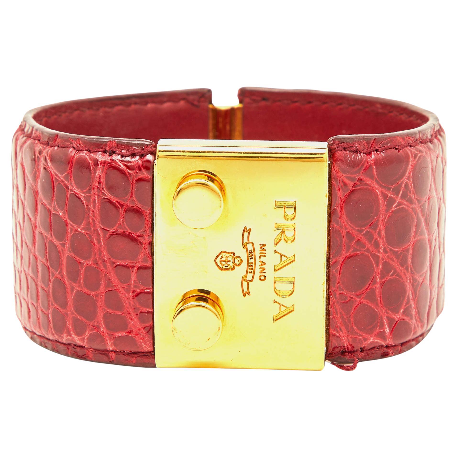 Prada Red Alligator Leather Gold Tone Wide Cuff Bracelet For Sale