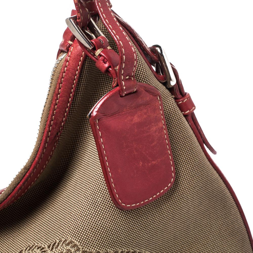 Prada Red/Beige Logo Jacquard Fabric and Leather Hobo 5