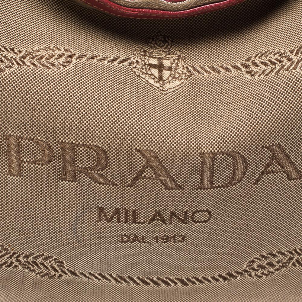 Prada Red/Beige Logo Jacquard Fabric and Leather Hobo 6