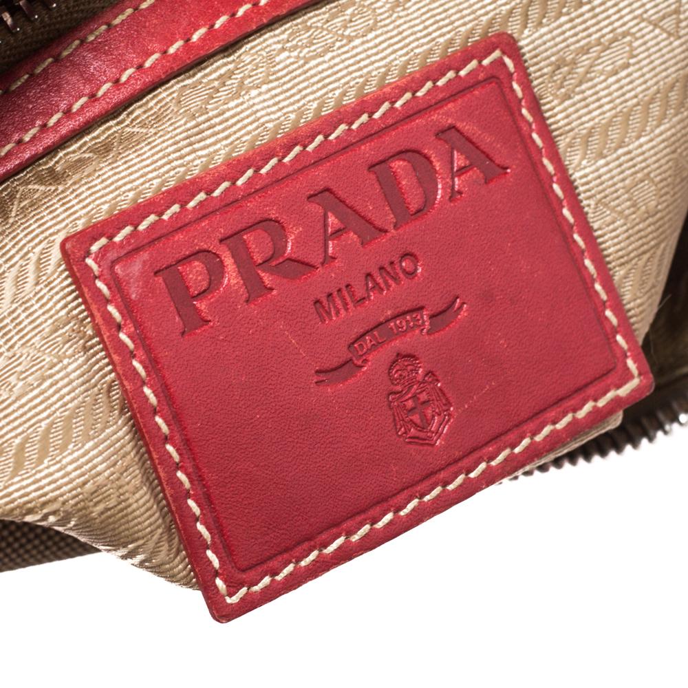 Prada Red/Beige Logo Jacquard Fabric and Leather Hobo In Fair Condition In Dubai, Al Qouz 2