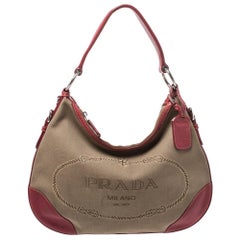 Prada Red/Beige Logo Jacquard Fabric and Leather Hobo