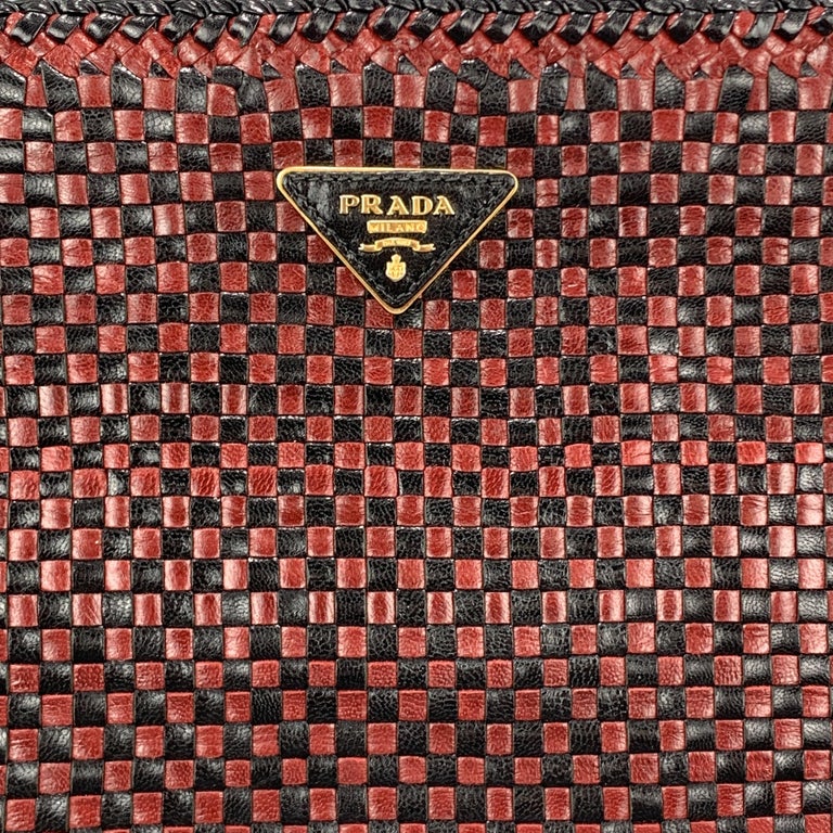 PRADA Red and Black CHeckered Woven Leather Clutch Handbag at 1stDibs
