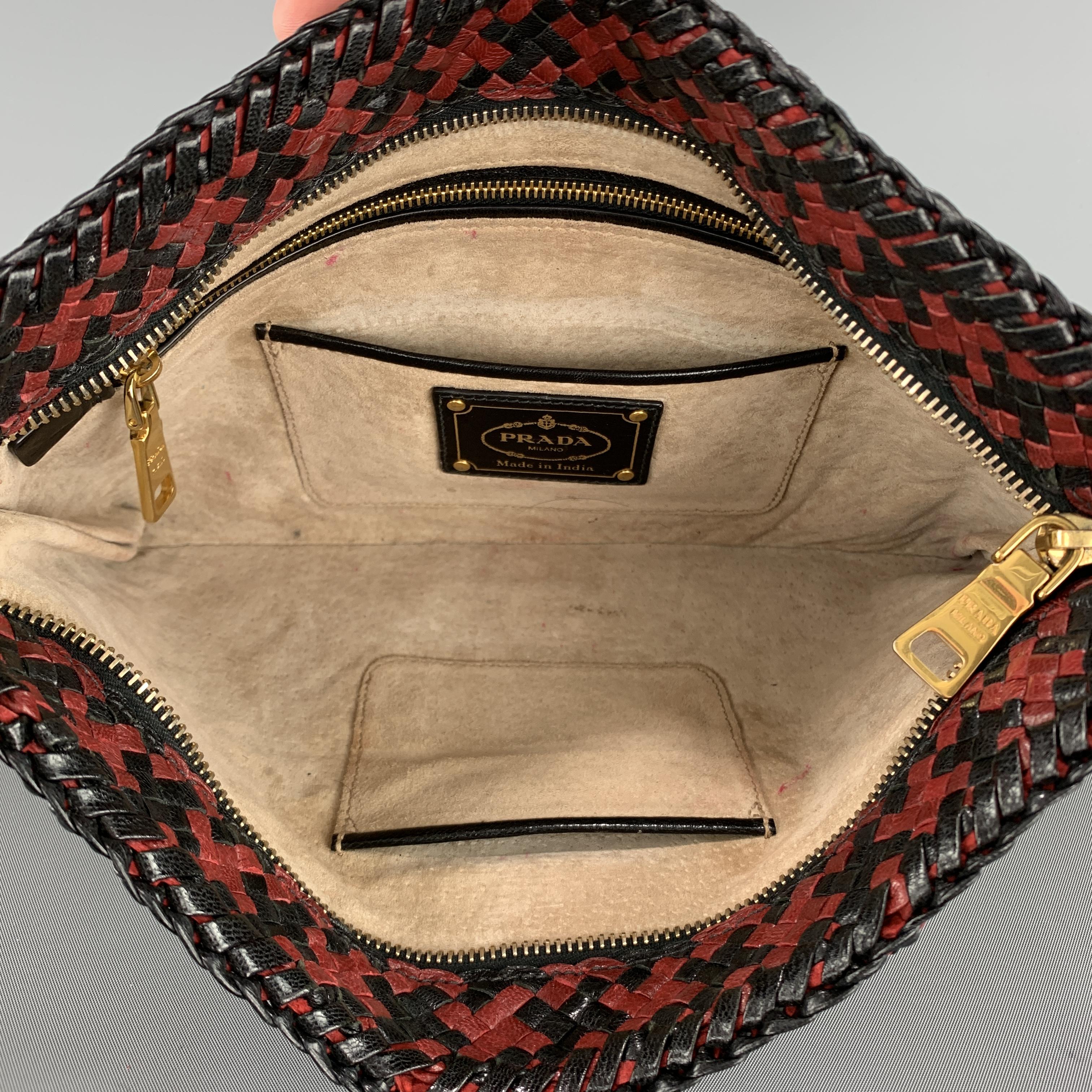 Brown PRADA Red & Black CHeckered Woven Leather Clutch Handbag