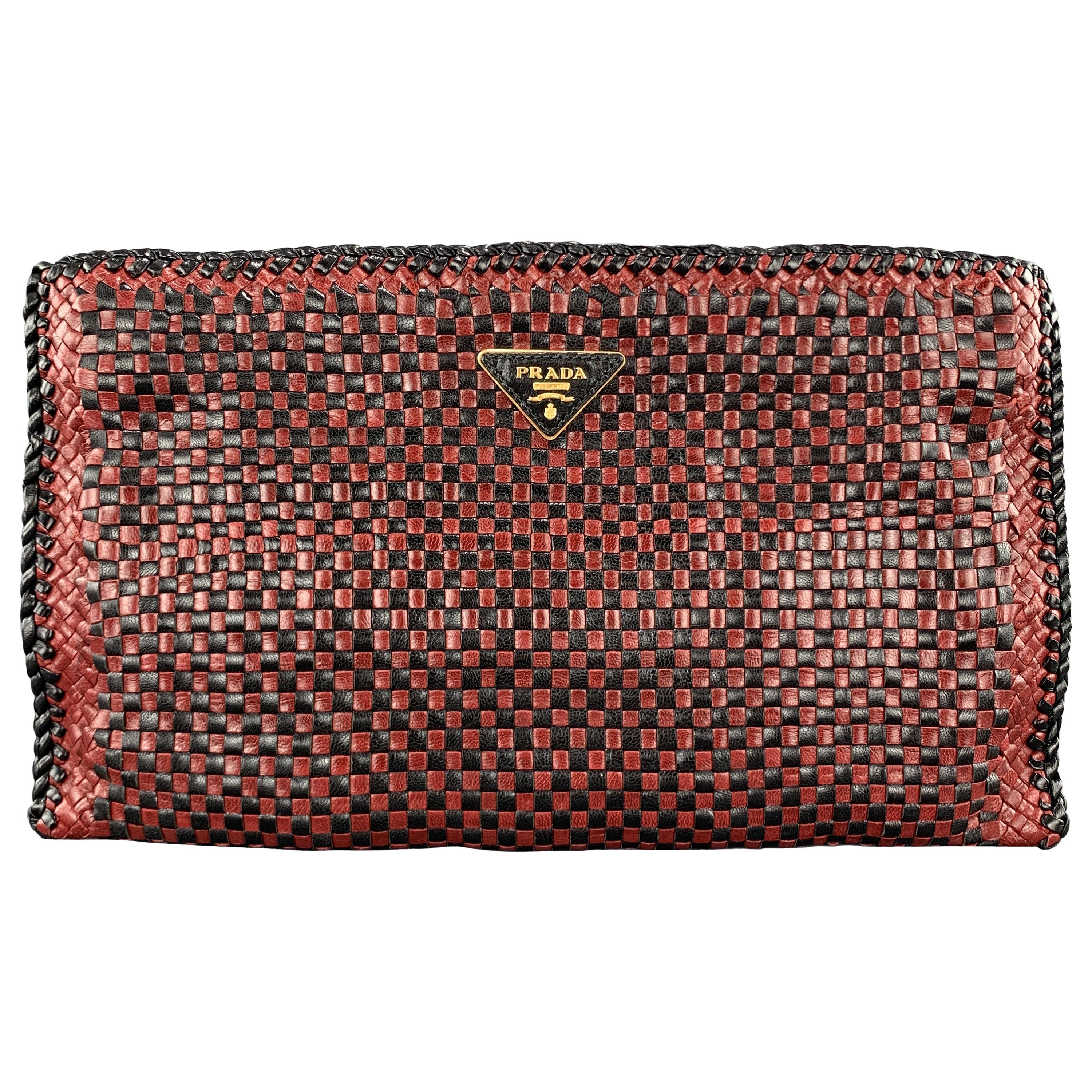 PRADA Red & Black CHeckered Woven Leather Clutch Handbag