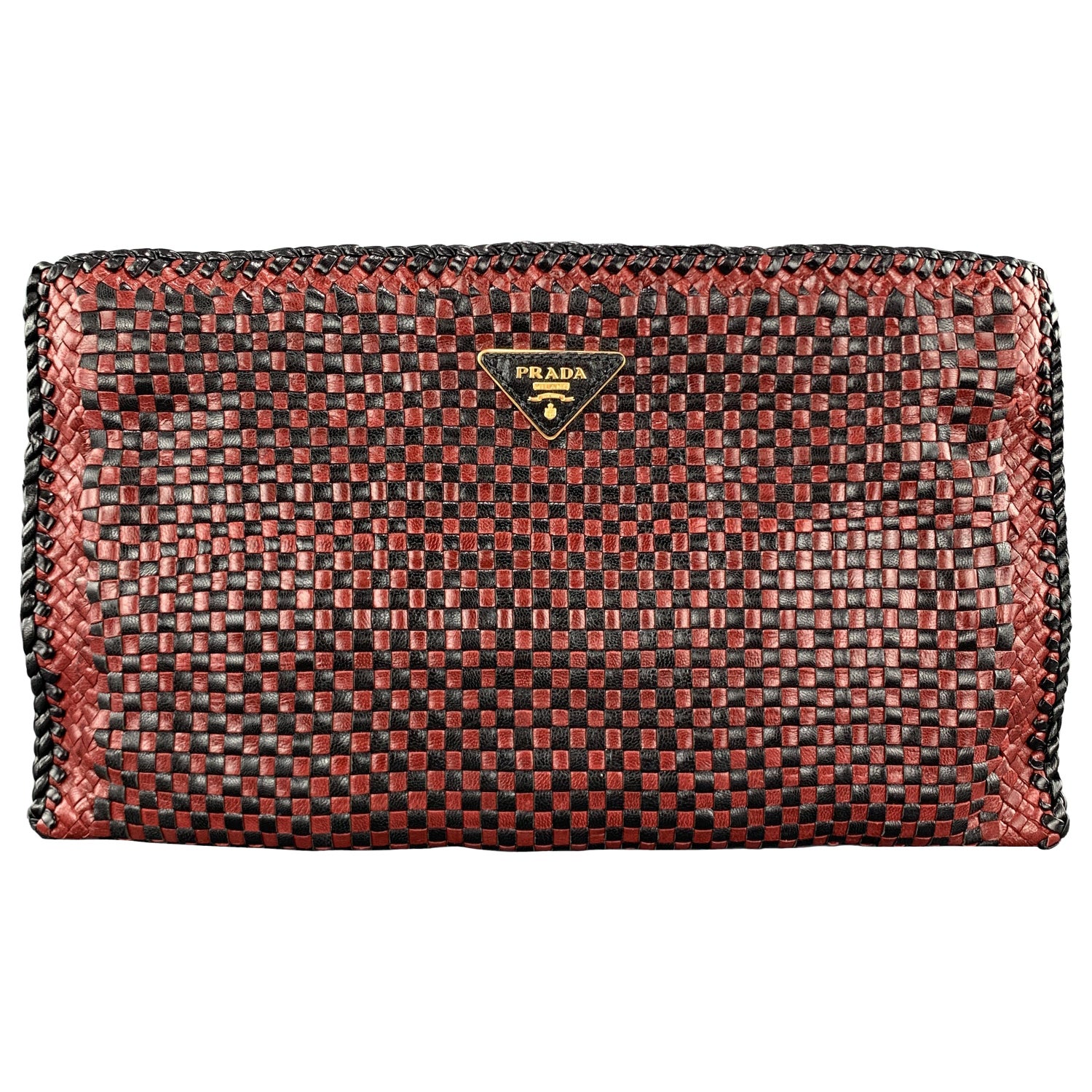 PRADA Red and Black CHeckered Woven Leather Clutch Handbag at 1stDibs