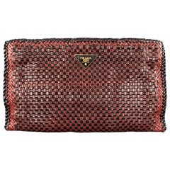 PRADA Red & Black CHeckered Woven Leather Clutch Handbag