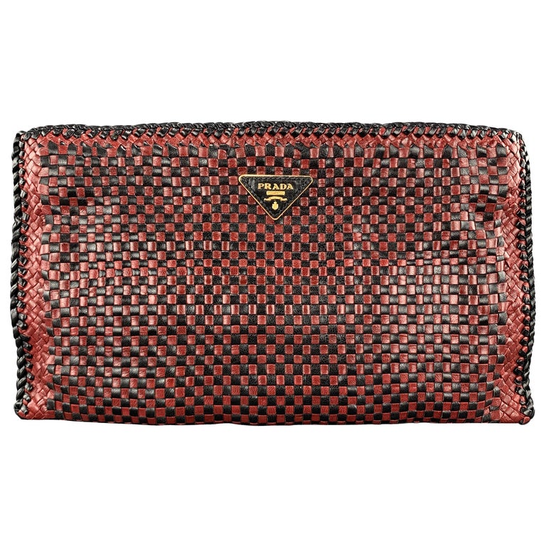 PRADA Red and Black CHeckered Woven Leather Clutch Handbag at 1stDibs |  prada woven clutch