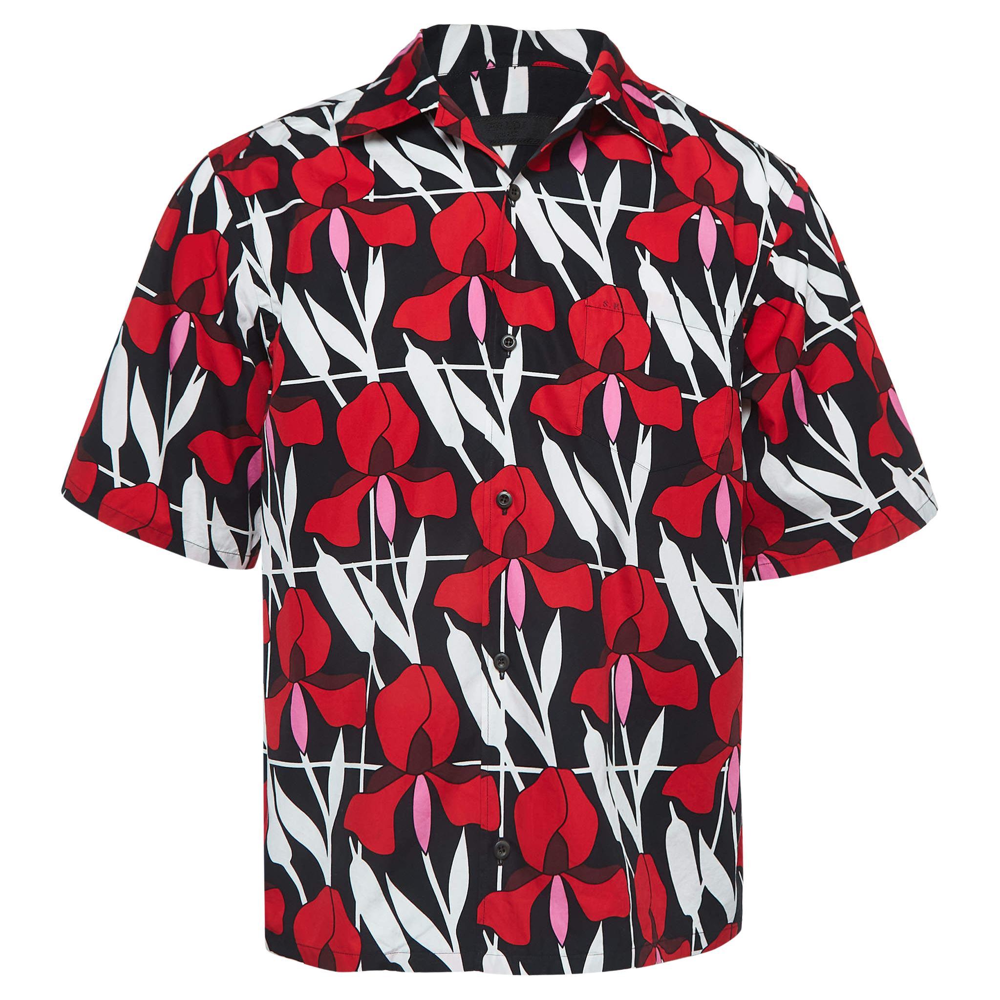 Prada Red/Black Floral Print Cotton Short Sleeve Shirt L For Sale