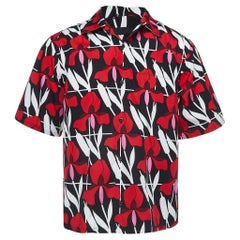 Prada Red/Black Floral Print Cotton Short Sleeve Shirt L