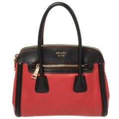 Prada Red/Black Leather And Saffiano Leather Double Zip Convertible Tote