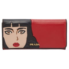 Prada Red/Black Leather Graphic Print Flap Continental Wallet