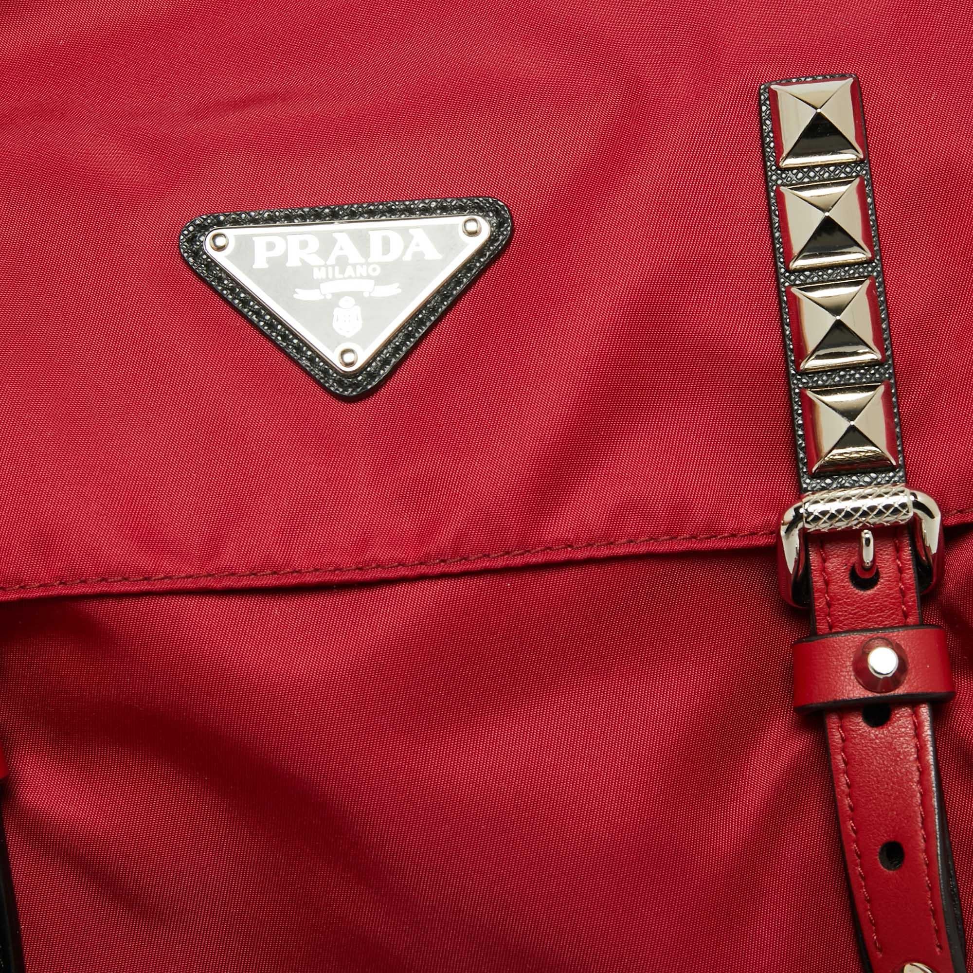 Prada Red/Black Nylon and Leather New Vela Studded Messenger Bag 2