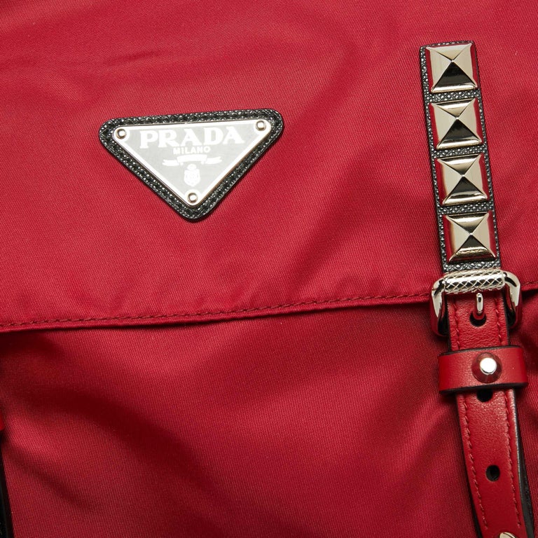 Prada Red/Black Nylon and Leather New Vela Studded Messenger Bag at 1stDibs